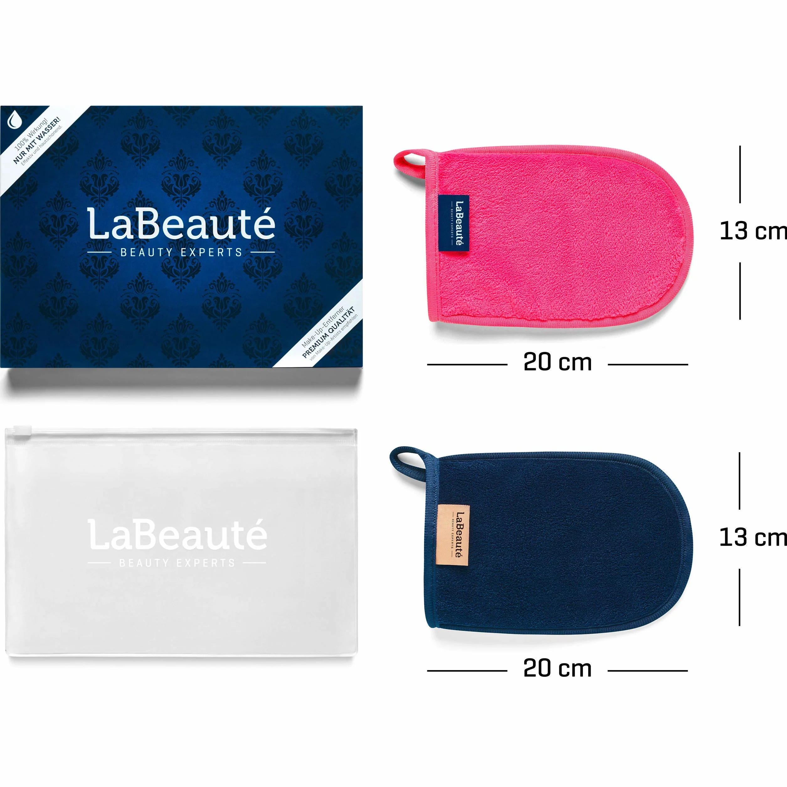 LaBeauté gant de toilette démaquillant lavable réutilisable 20x13 cm bleu marine rose 2 pièces