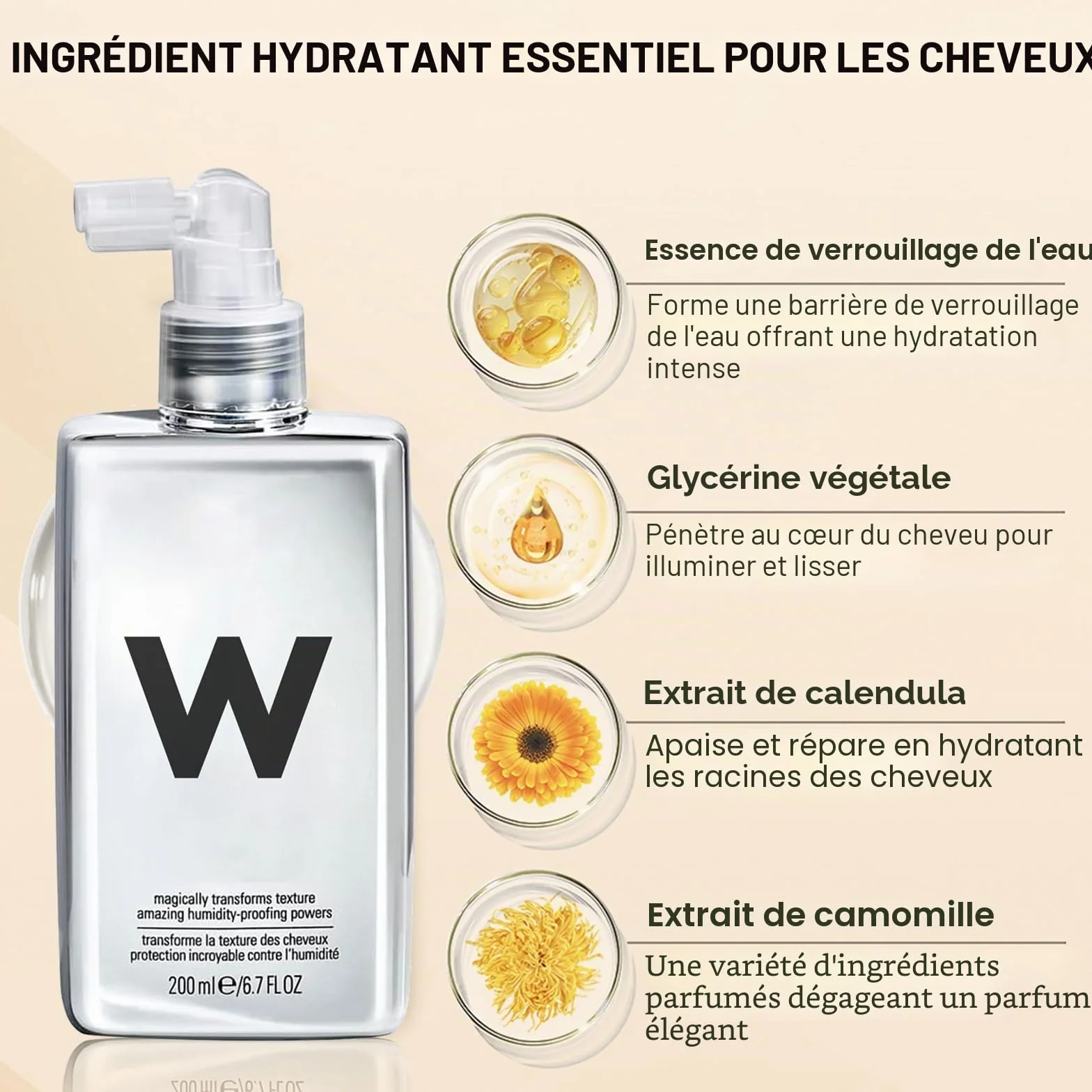 Spray anti-frisottis pour tous les types de cheveux, cheveux super lisses, protection contre la chaleur, spray brillant pour cheveux souples, 200 ml