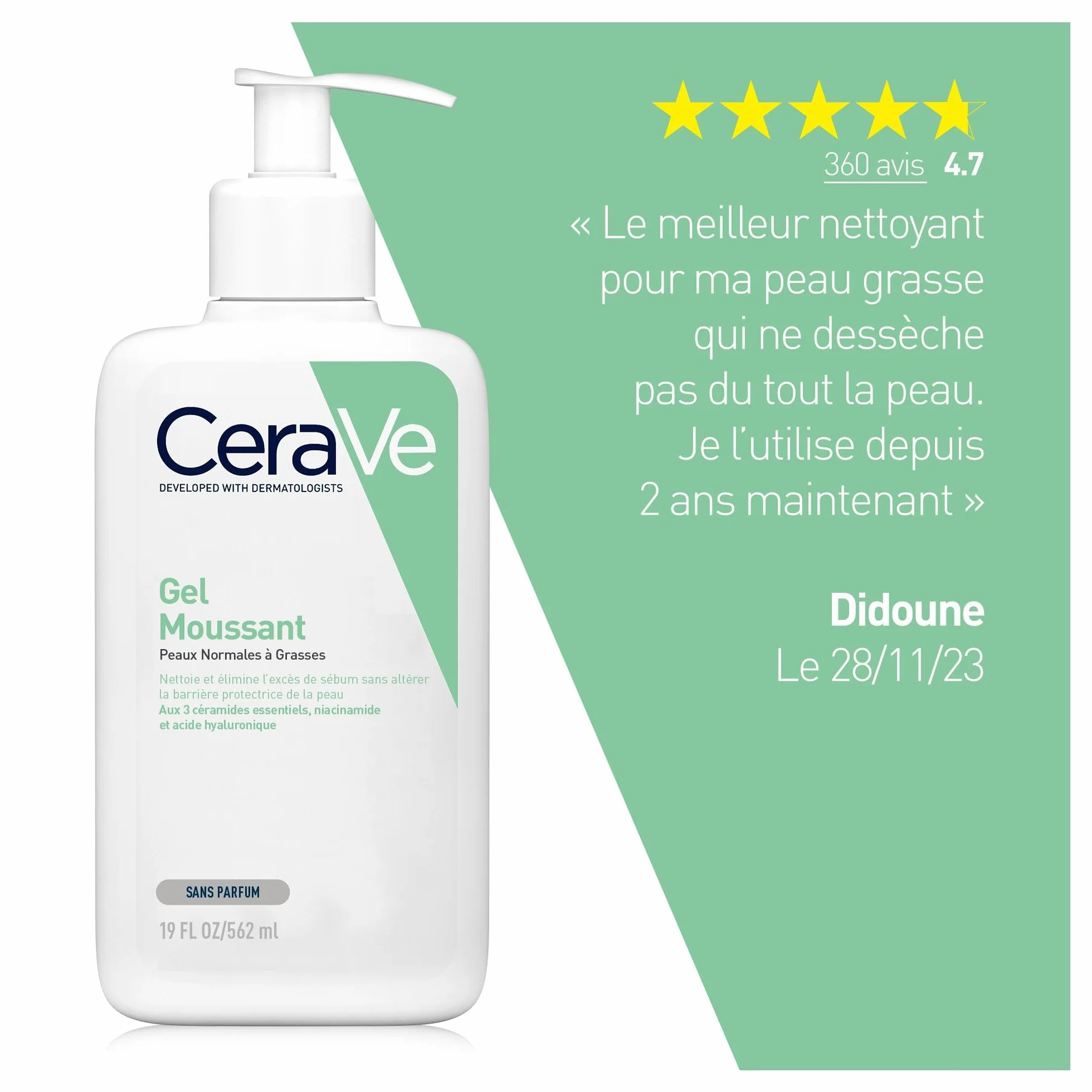 CeraVe Gel Moussant Nettoyant 562 ml Acide Hyaluronique Céramides Niacinamide Peau Normales à Grasses