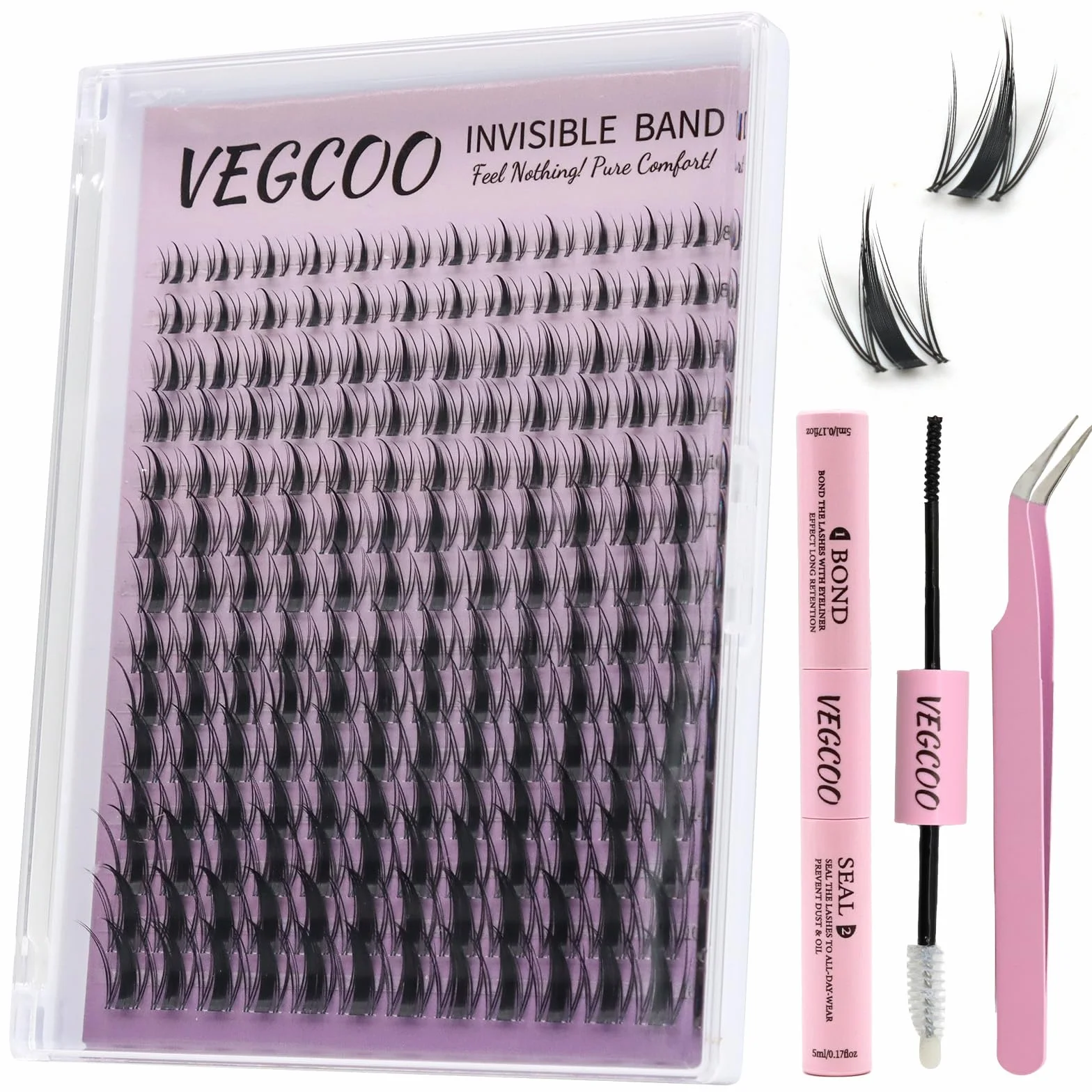 VEGCOO Faux Cils Individuels Noirs 8-16mm C Curl, Extension Cils Kit Style Manga Volume, Cluster Lashes Bande Transparente Invisible avec Outils