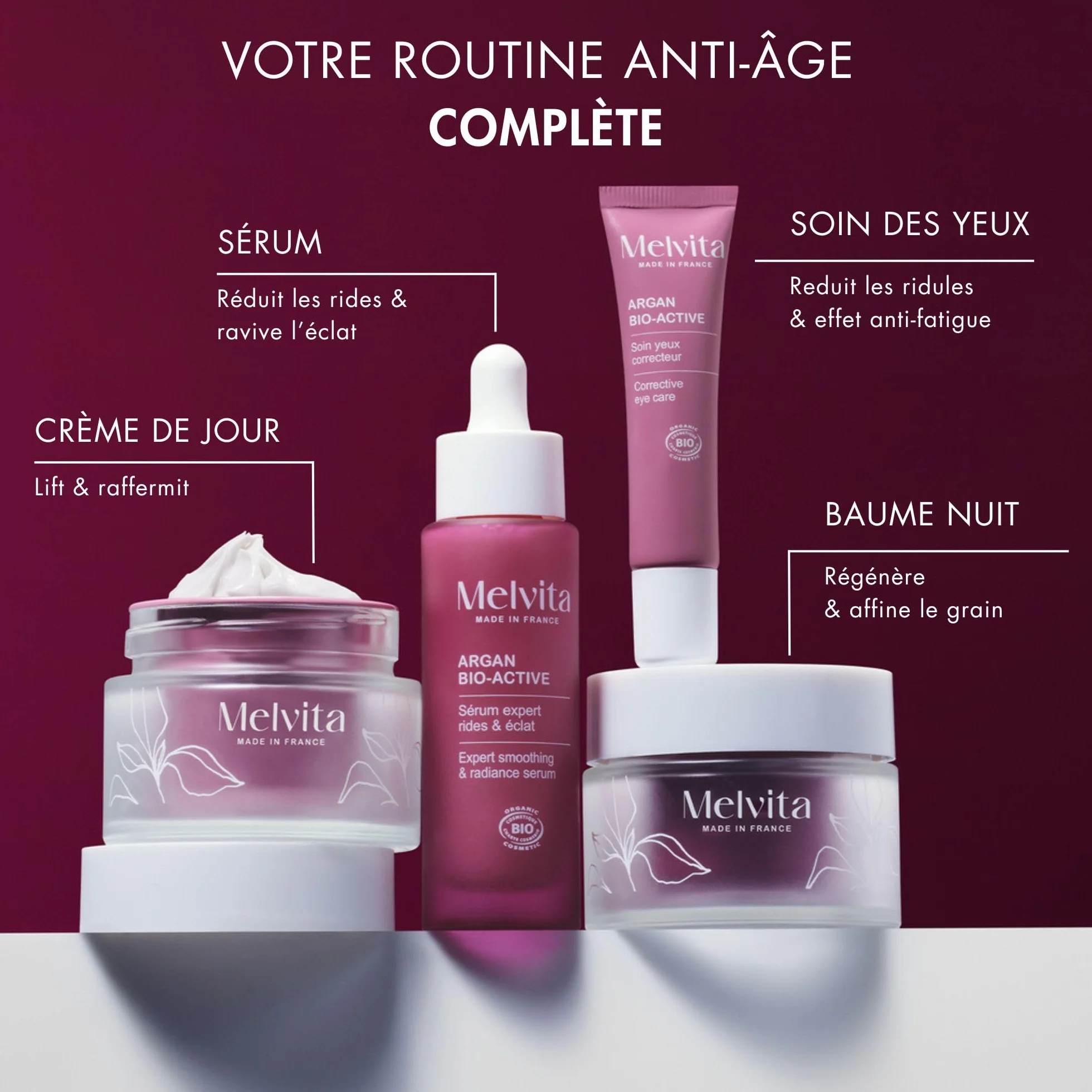 Melvita - Soins Anti-Âge Argan Bio Active Visage - Effet Régénérant - Adaptés à Tous Types de Peaux - Fabriqués en France