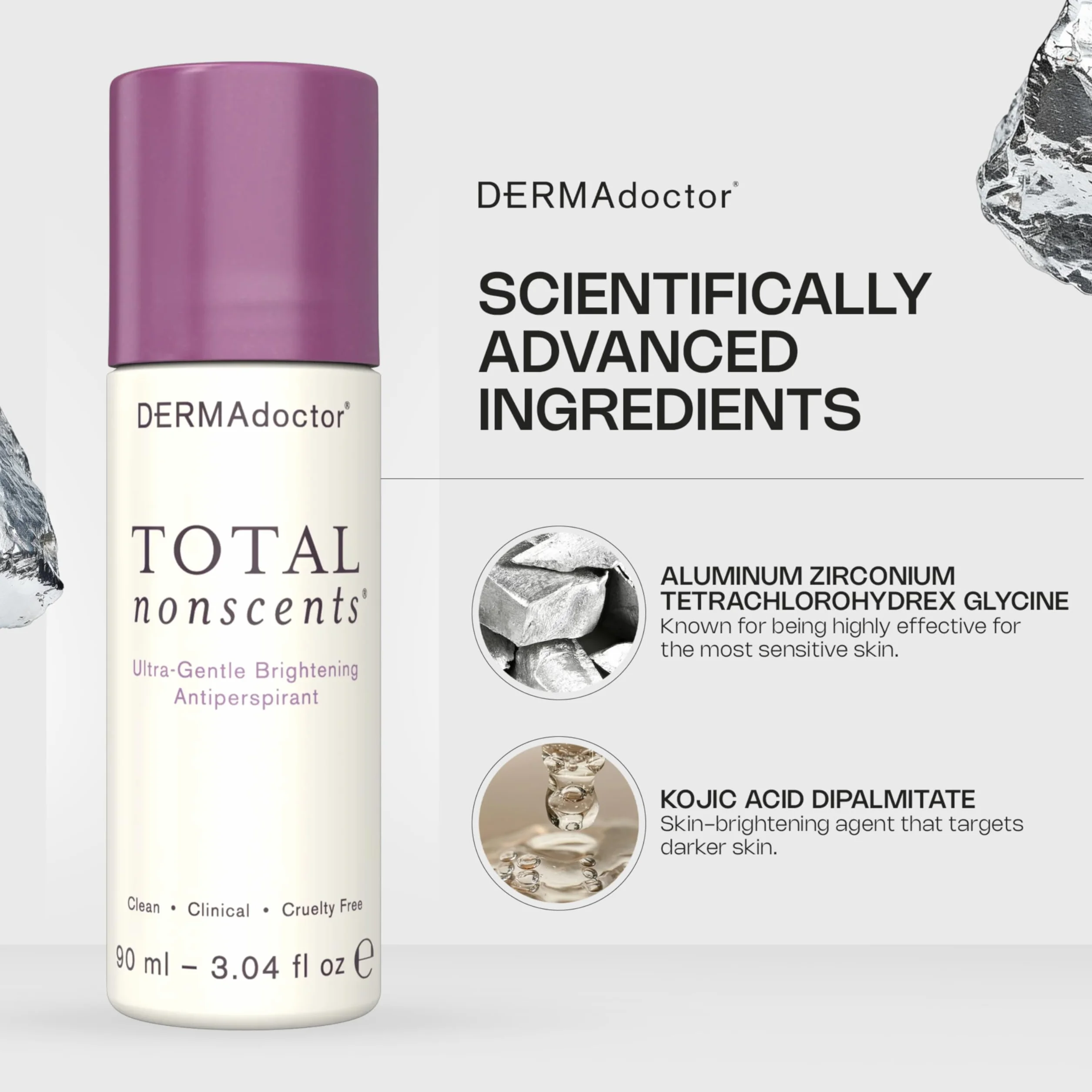DERMAdoctor Déodorant Femme et Homme Total NonScents – Deodorant Anti Transpirant Femme Ultra-Doux Peaux Sensibles, Éclaircissant Teint Aisselles, Sans Parfum, Hypoallergénique Roll-On 90 ml