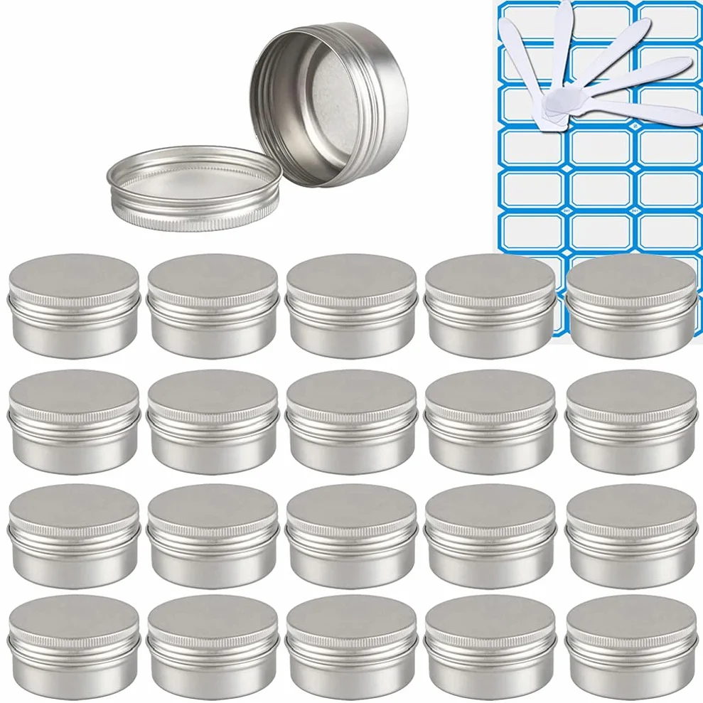 30 Pièces 50ml Pots en Aluminium Vide Rond Argent Petit Cosmétiques Pot Conteneurs for Fait Main Bougies Crème Baume Voyage, 5X Spatule, 2X Étiquettes