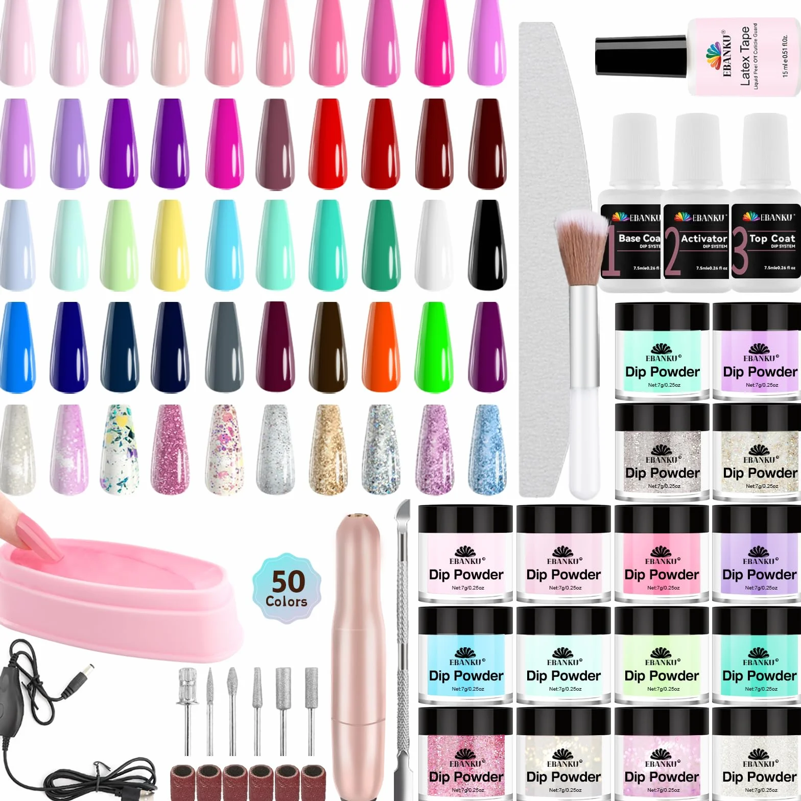 EBANKU Kit de manucure 50 couleurs poudre à tremper base perceuse électrique top coat liquide activateur nail art