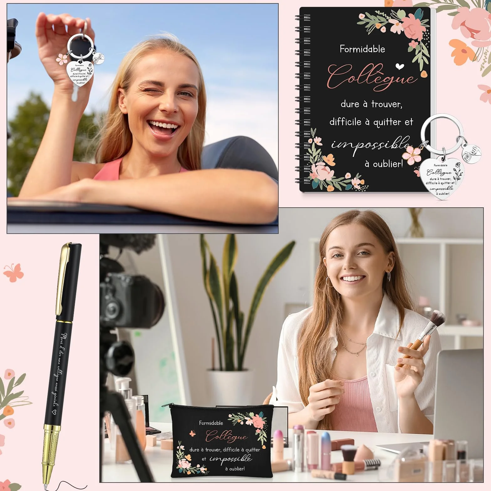 Hestya Coffret Cadeau pour Collègue Femme - Trousse de Maquillage, Carnet, Stylo, Porte-Clés | Cadeau Original Départ, Retraite, Noël