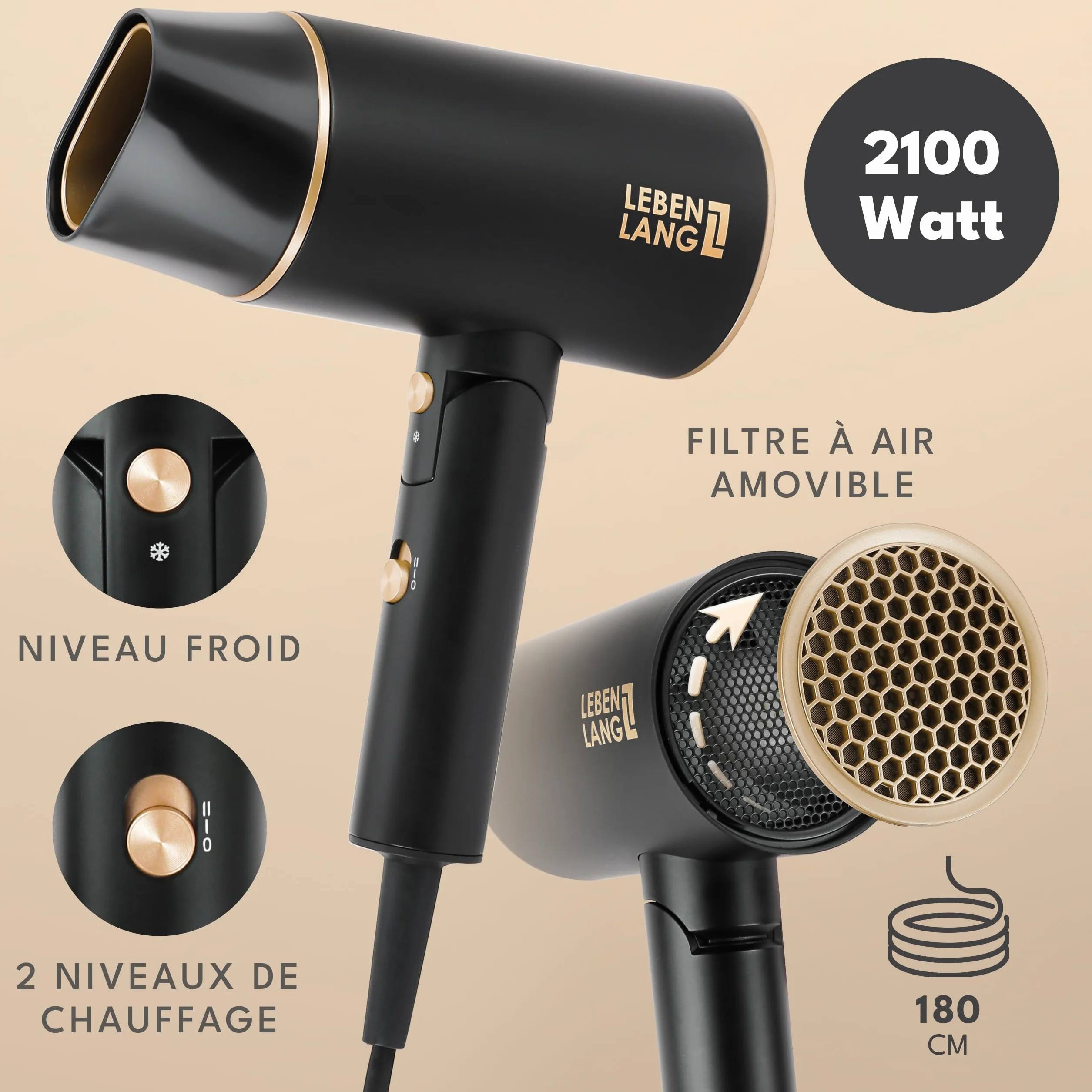 LEBENLANG Petit Sèche-cheveux Ion 2100W - Anti-Spliss avec le mode Air Froid, pliable - Accessoires de Voyage (Noir)