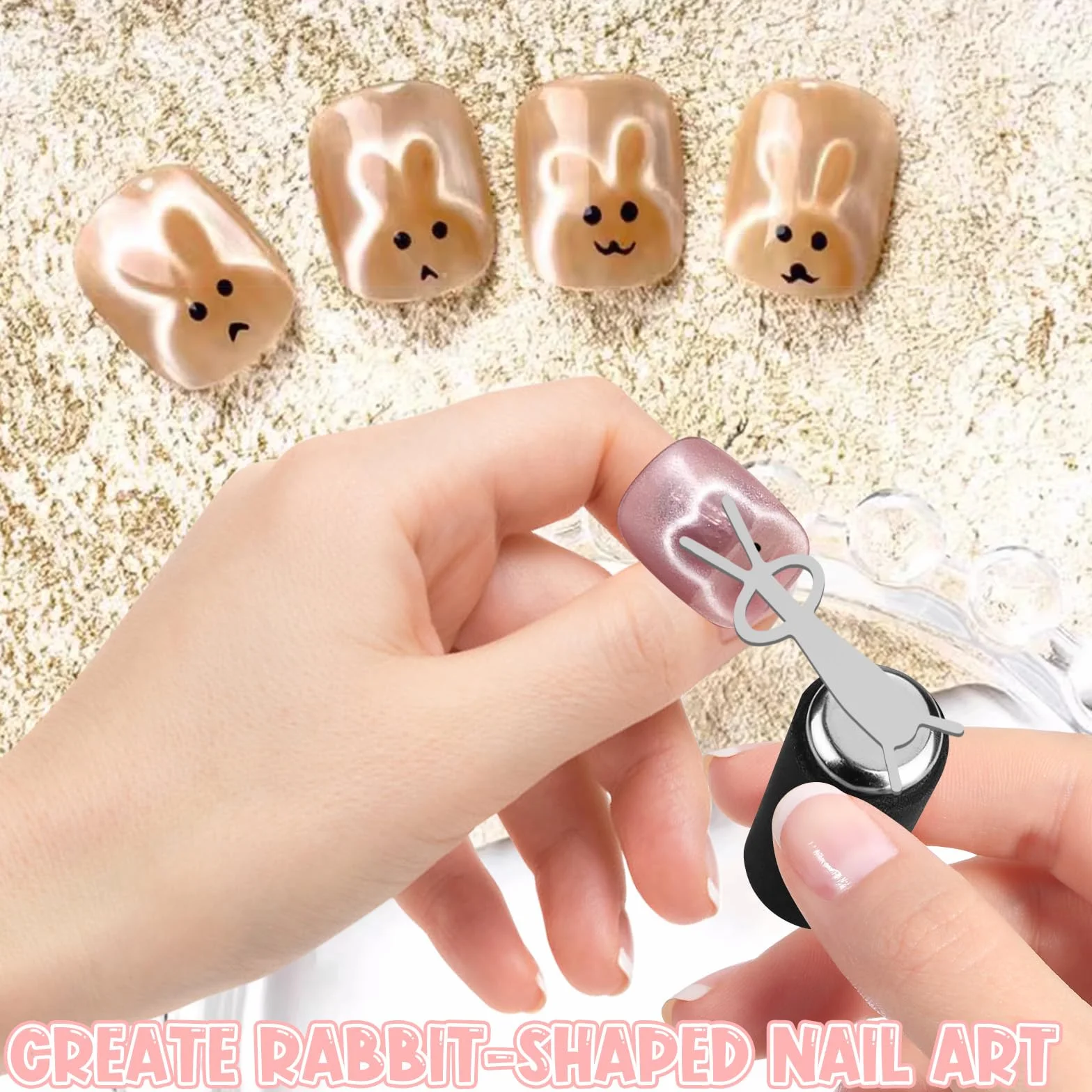 Lot de 7 aimants œil de chat pour vernis gel, kit professionnel nail art avec aimant cylindrique, forme O, ciseaux français, cœur et aimants lapin