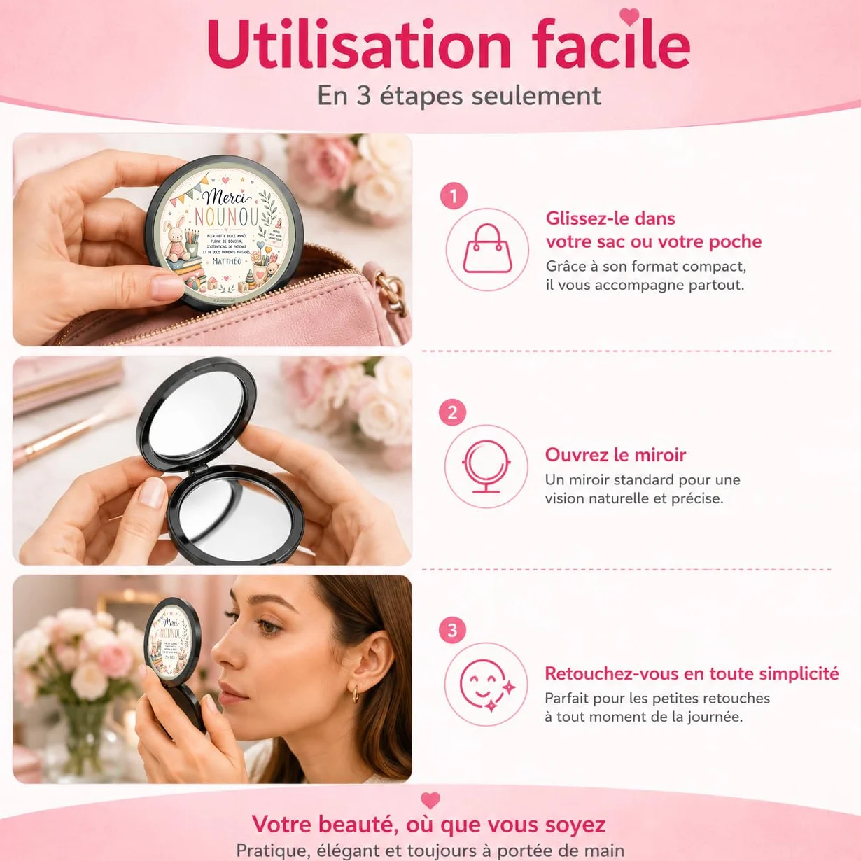 Miroir de Poche Personnalisé Cadeau Nounou Fin d'Année avec Prénom – Cadeau Assistante Maternelle Original