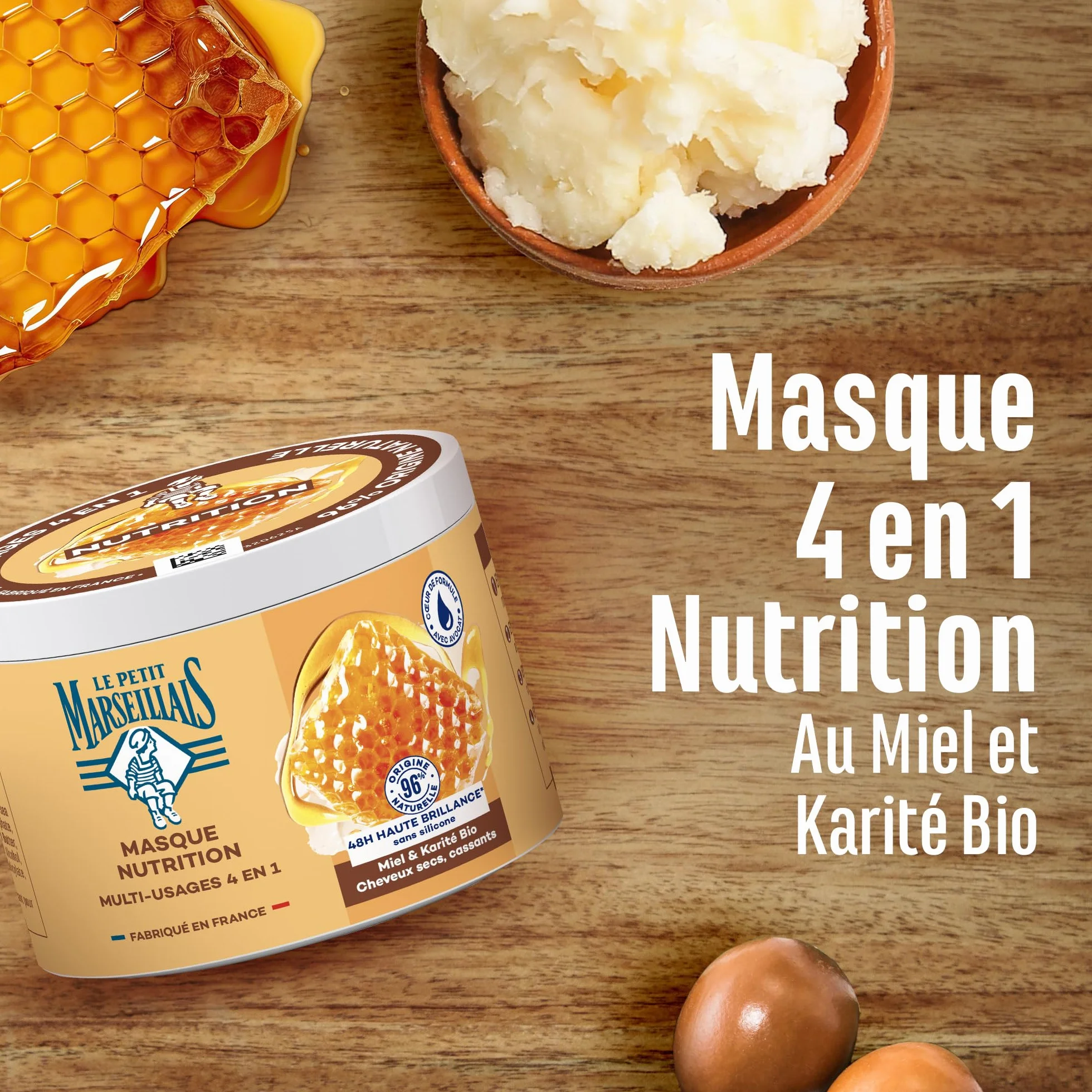 Le Petit Marseillais Masque 4 en 1 Nutrition Miel de Provence et Karité Bio 370 ml Masque Capillaire Cheveux Secs et Cassants Soin Sans Silicone 96% d'Origine Naturelle