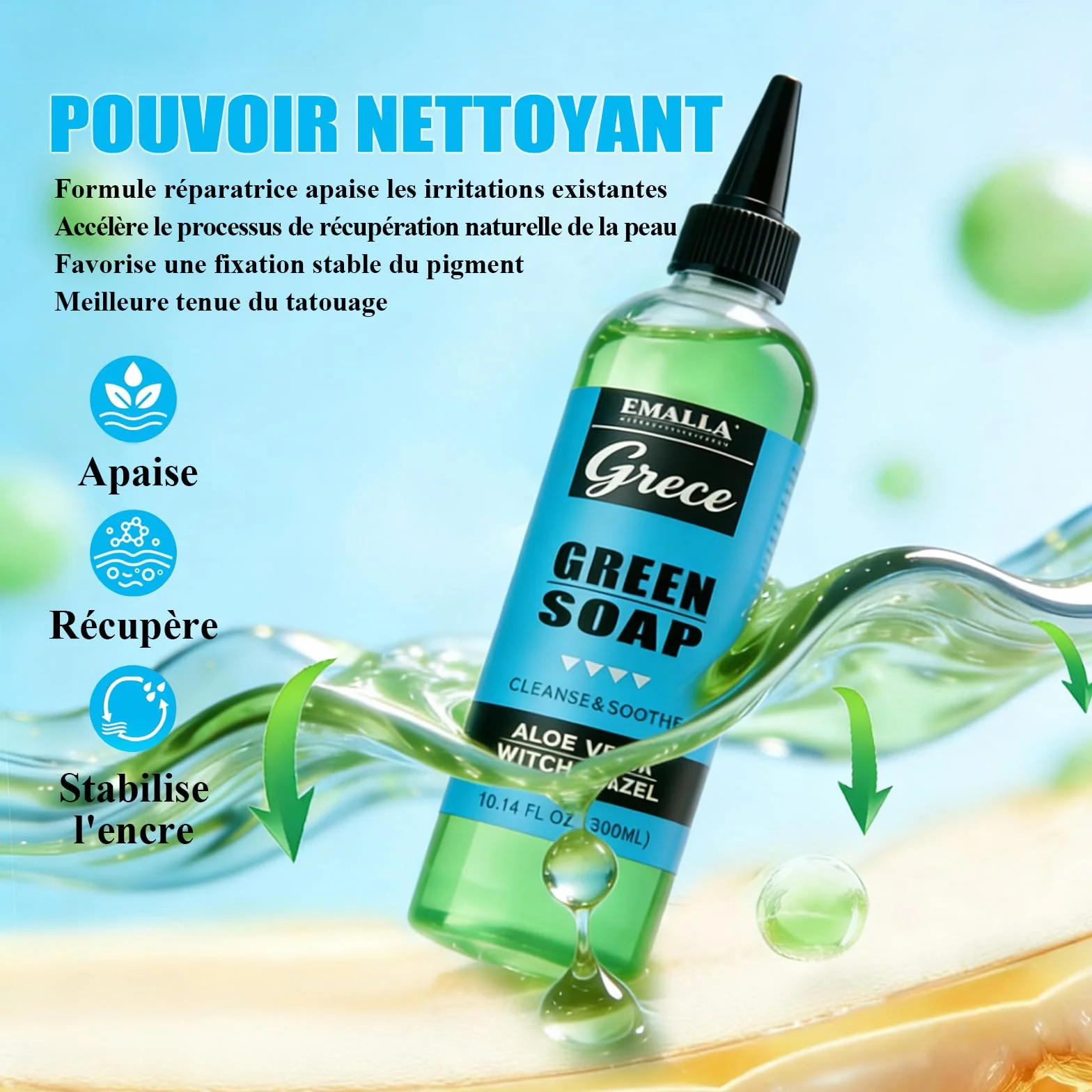 EMALLA 300 ml Tattoo Green Soap Ultra concentré avec flacon de lavage 250 ml - Nettoyant doux pour tatouage
