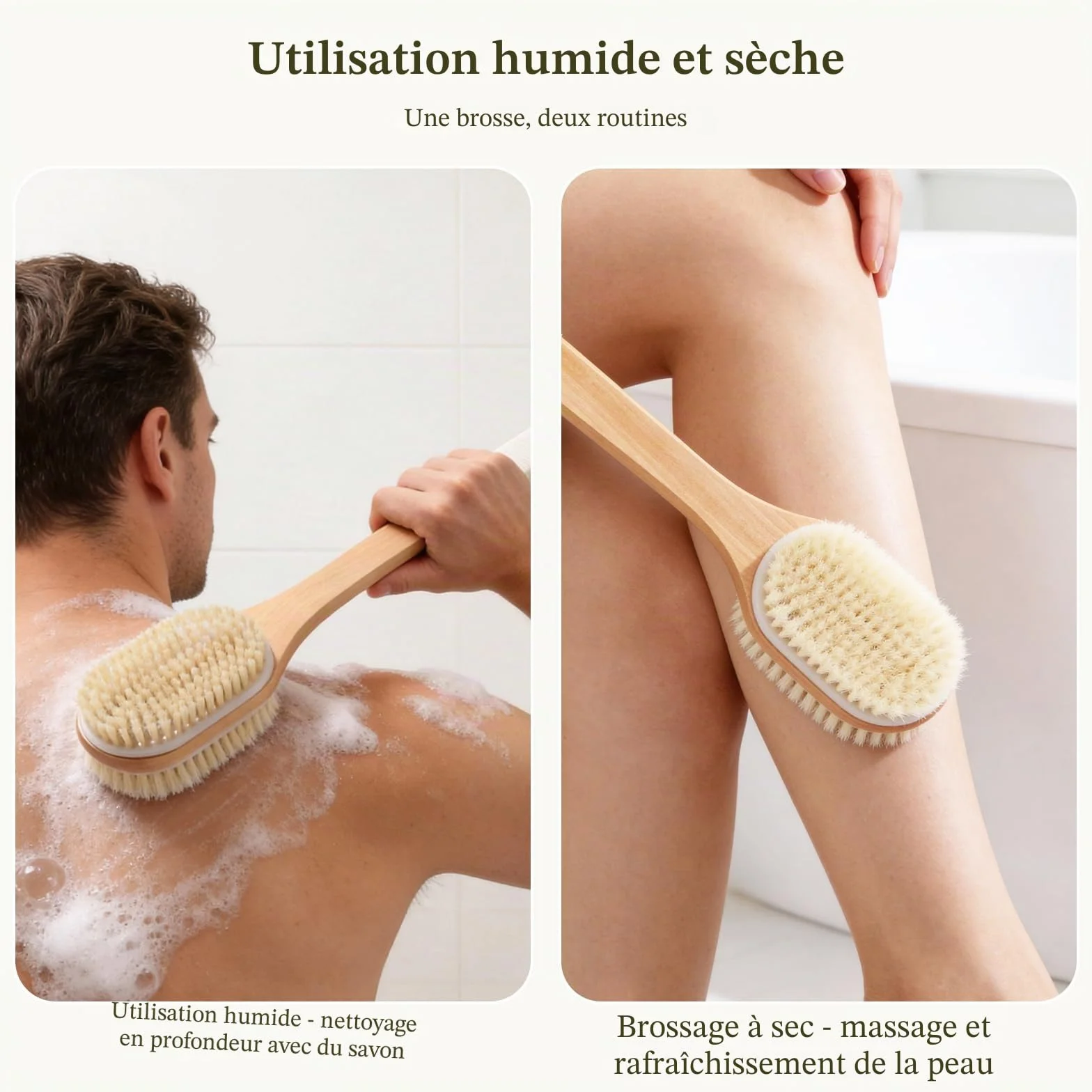 Brosse Dos Douche Long Manche 43 cm, Exfoliante Corps Humide et Sèche