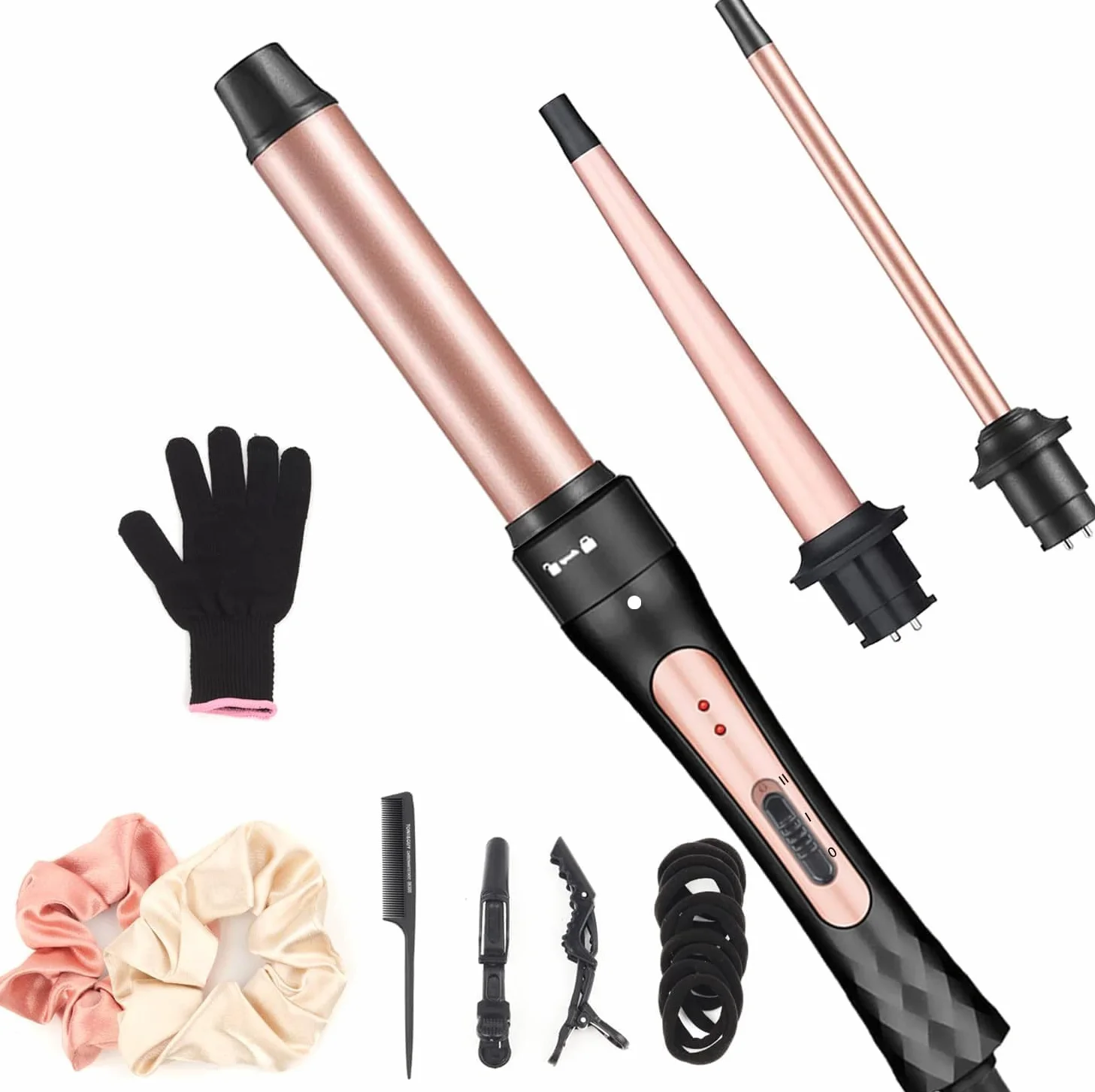 Fers à Boucler Set, 3 en 1 Fer à Friser Boucleur Céramique Interchangeable pour Boucles Grandes, Petites et Ondulées, Boucleur Cheveux Chauffage Rapide, avec Gants
