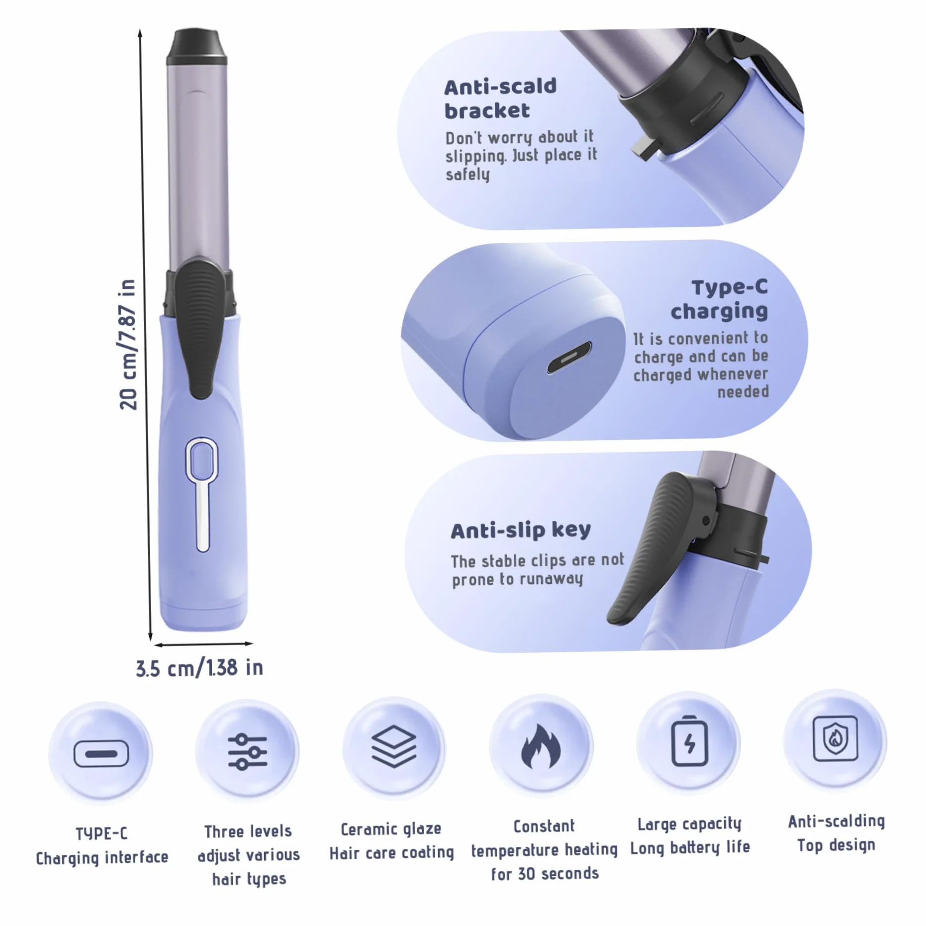 Fer à friser sans fil, fer à boucles de voyage portable avec 3 réglages de température, chauffage des années 30, courtillage cheveux sans fil rechargeable pour coiffure courte, 7, 9x1.4
