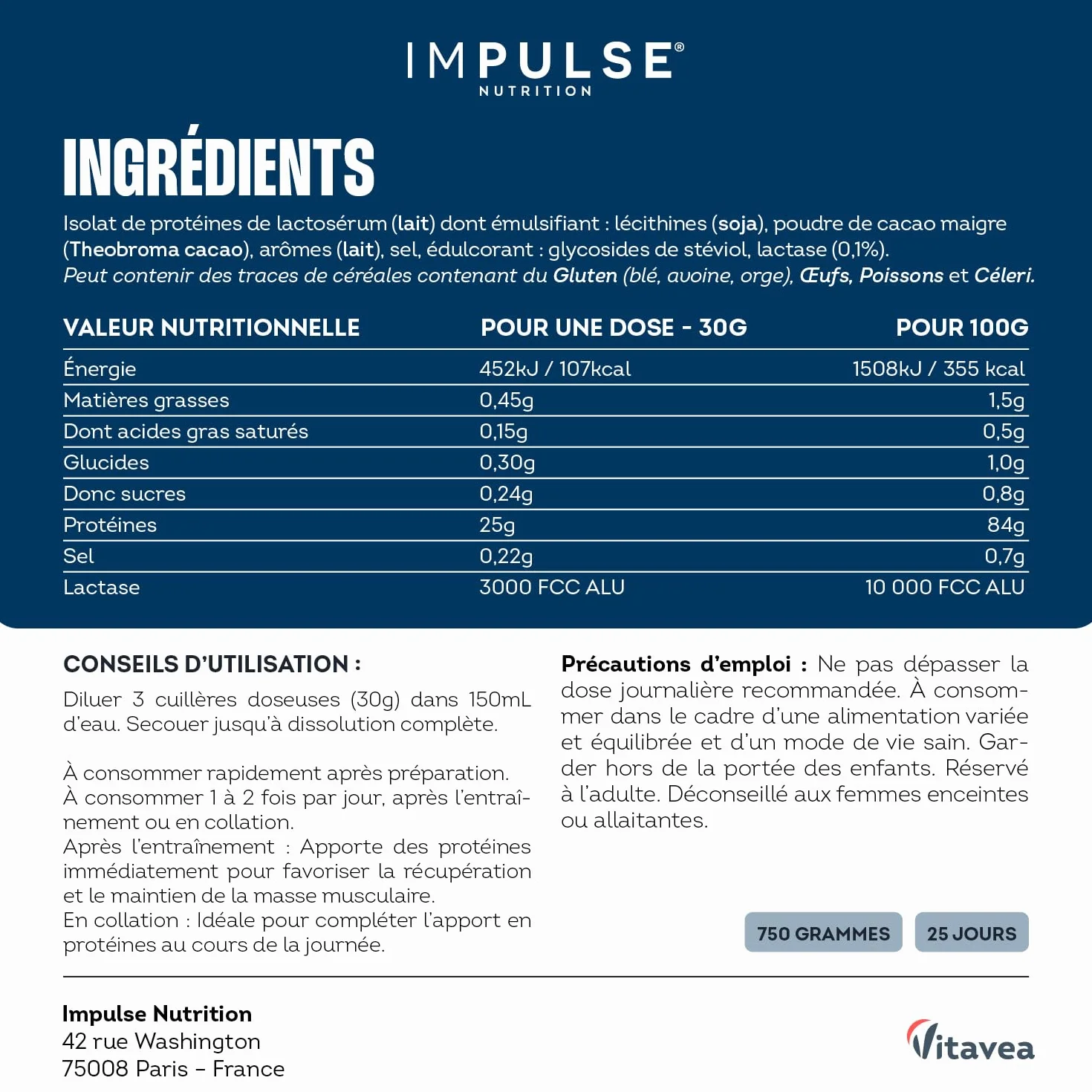 Impulse Nutrition Whey Isolate Chocolat 24g Protéines 750g Fabriqué en France