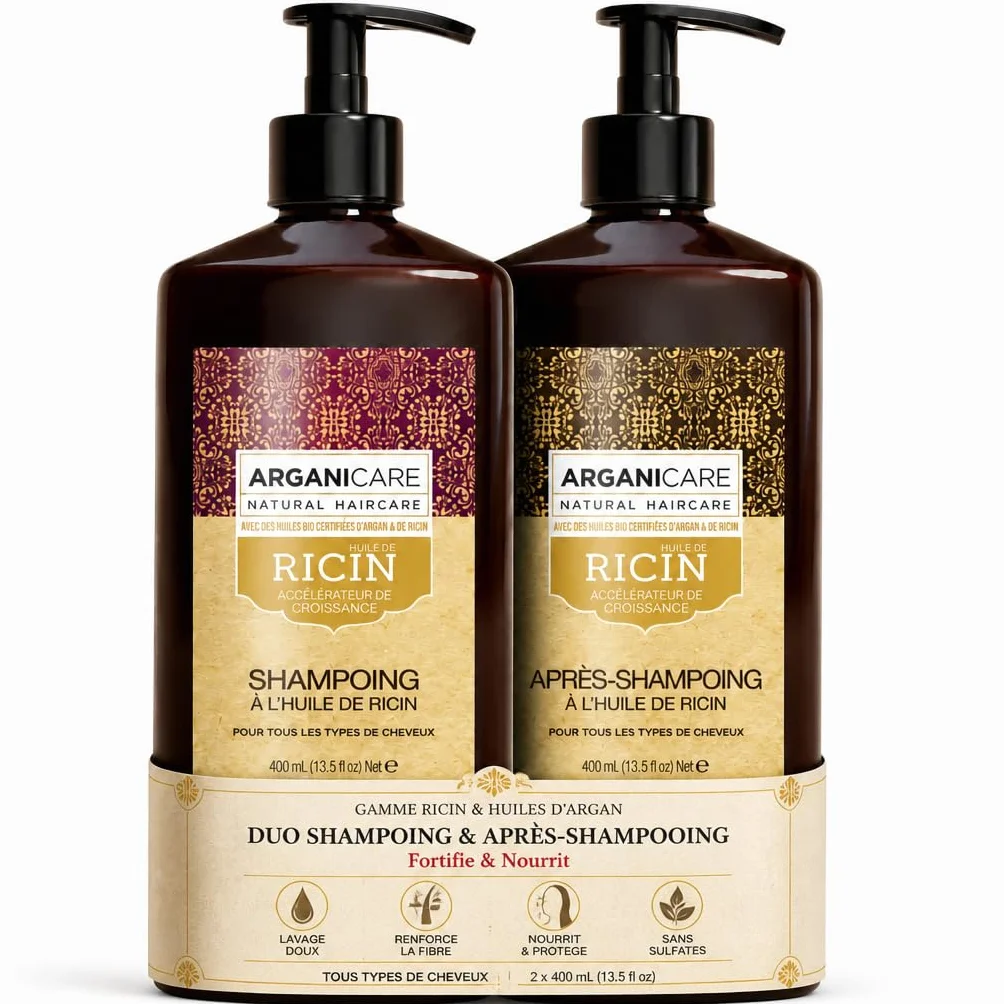 ARGANICARE Duo Shampooing Accélérateur de Croissance + Après-Shampooing Reconstructeur à l’Huile de Ricin Bio – 400 ml – Set 2 Produits pour Routine Capillaire