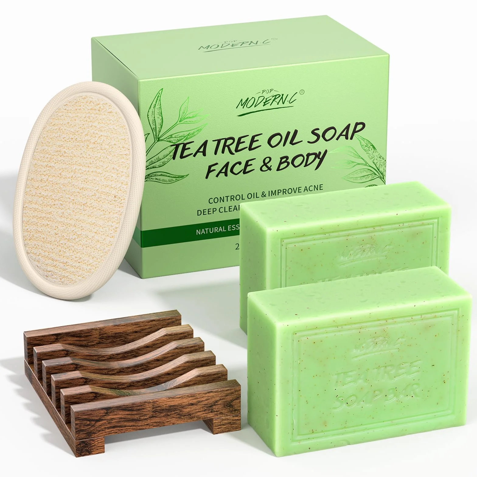 Savon à L'Huile D'Arbre à Thé, Savon de Bain Bio Pour les Mycoses CutanéEs, L'Acné et les Peaux Grasses, ÉLimine la Transpiration, les Odeurs et les DéMangeaisons, Cadeau de FêTe des MèRes, 2x150g