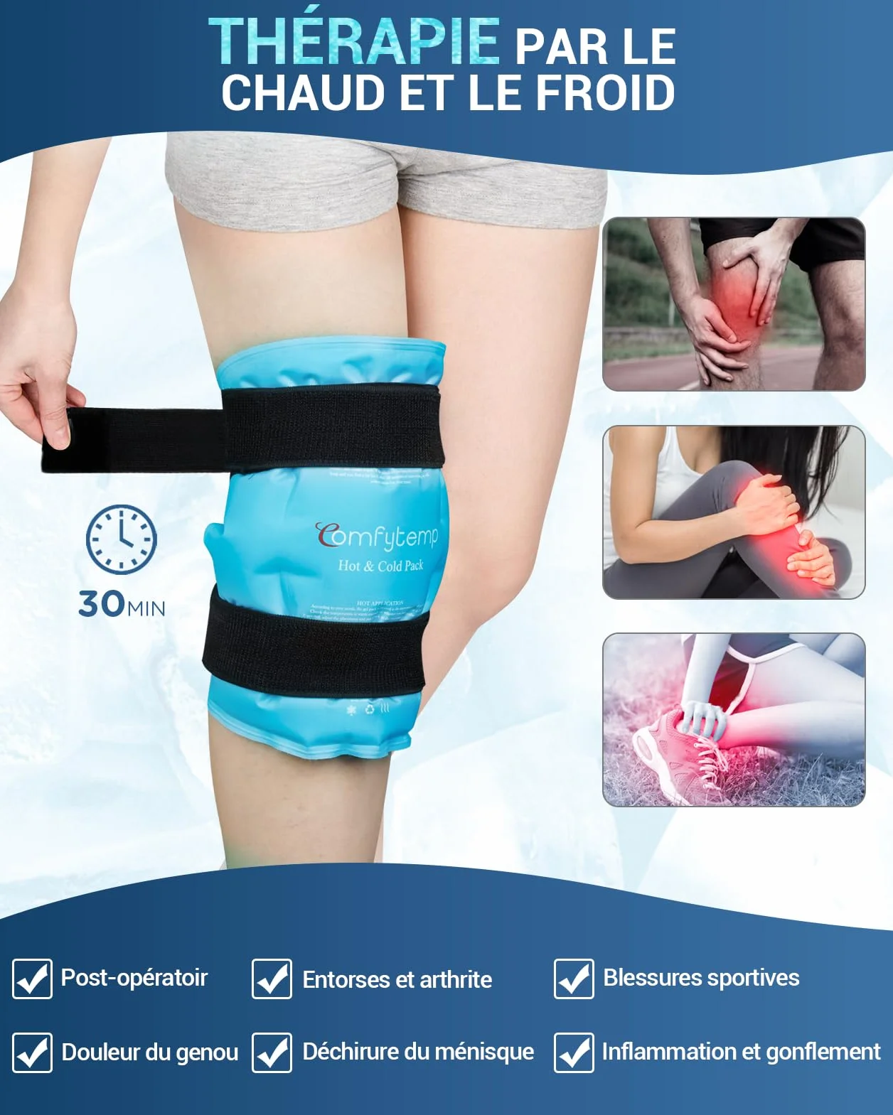 Comfytemp Poche de Glace pour Genou Réutilisable, Thérapie Chaud et Froid pour Chirurgie Remplacement Genou, Soulager Douleur