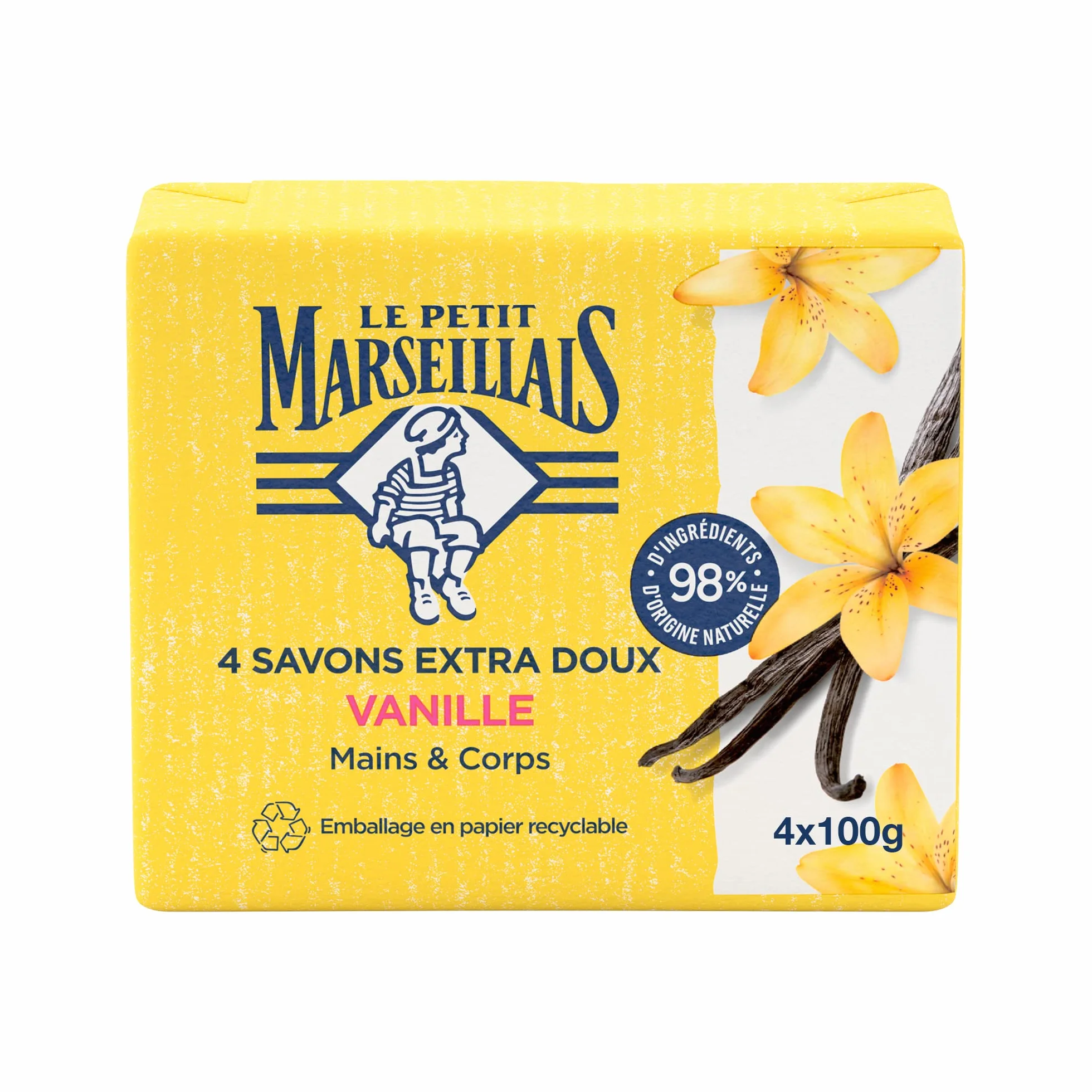 Le Petit Marseillais Savon Extra Doux Vanille 4x100g Solide Mains Corps 98% Ingrédients Naturels Emballage Papier Recyclable