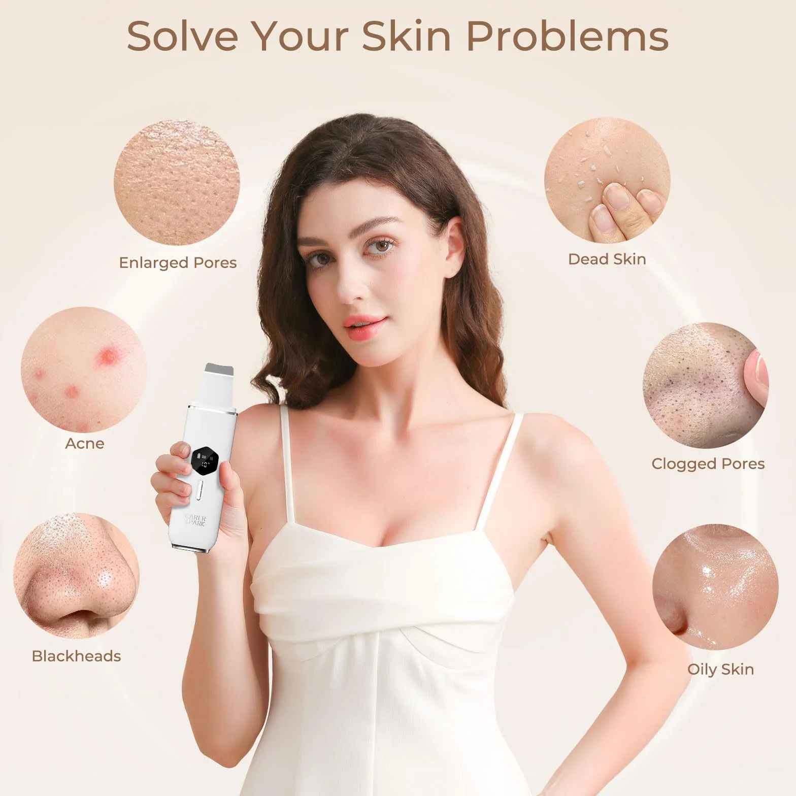 CARER SPARK Épurateur de Peau à Ultrasons,Nettoyeur de Peau Ultrasonique avec 4 Modes écran LED Appareil de Nettoyage Point Noirs Nettoyage en Profondeur Élimination des Points Noirs Exfoliation Douce