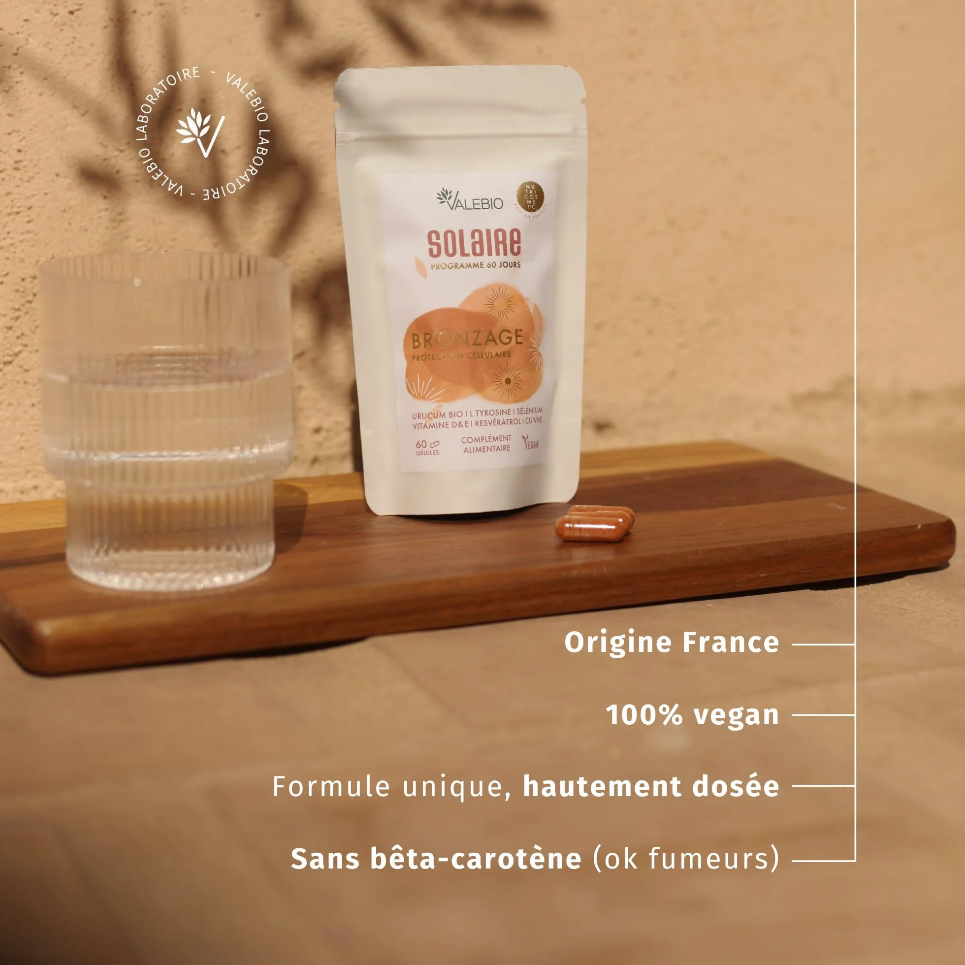 Complément alimentaire solaire Valebio 60 gélules Vitamines D3 accélère bronzage