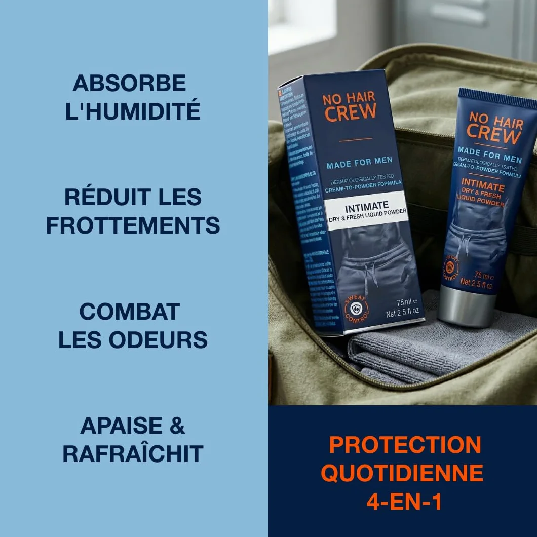 NO HAIR CREW Poudre Liquide Homme 75 ml – Crème anti-frottements pour zones intimes, aine et cuisses – Contrôle transpiration & odeurs