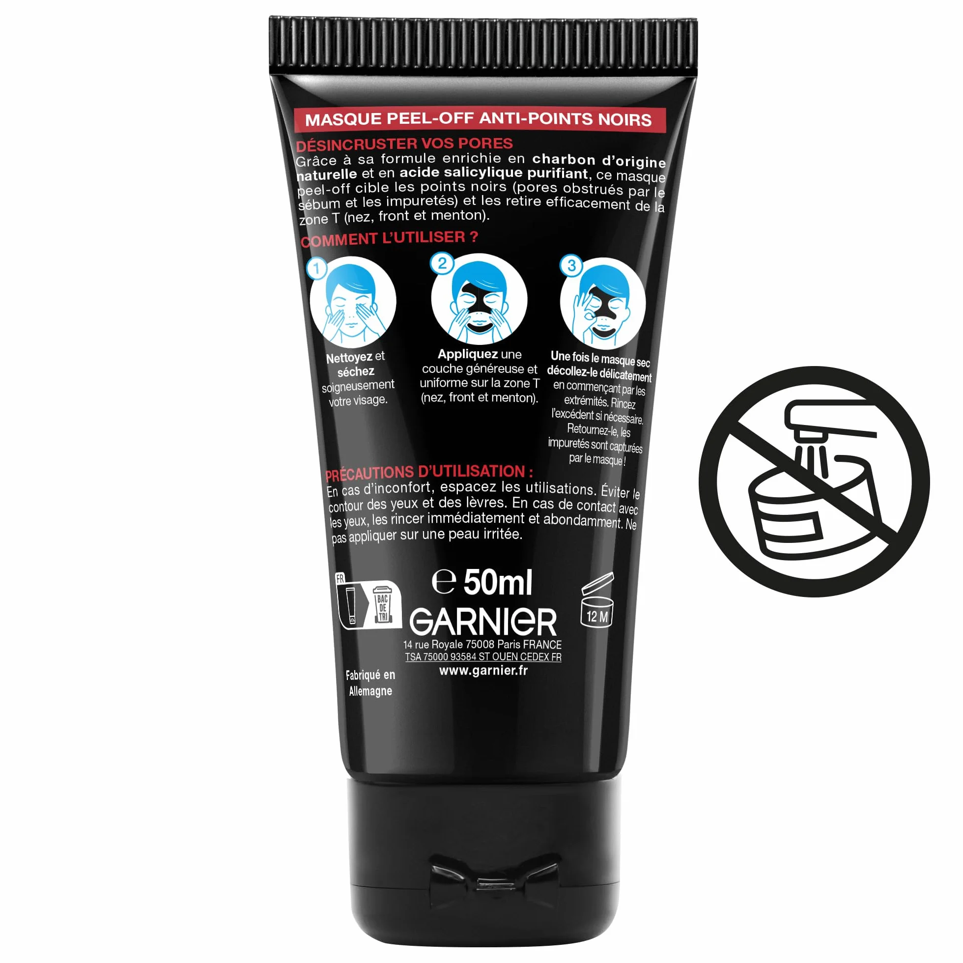 GARNIER Skin Active Masque Peel-Off Anti-Points Noirs Charbon Acide Salicylique 50 ml