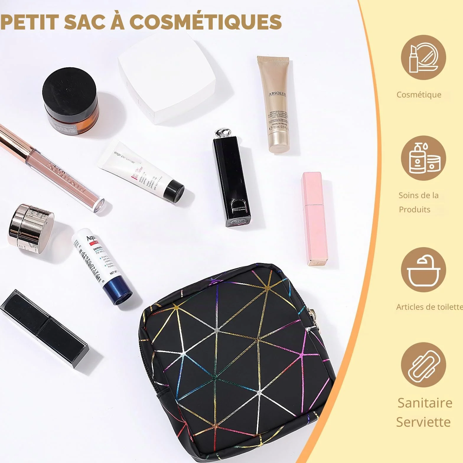 Pochette Maquillage Femme Cuir Synthétique Sac Voyage Rangement Cosmétiques Mini Trousse Toilette Noir