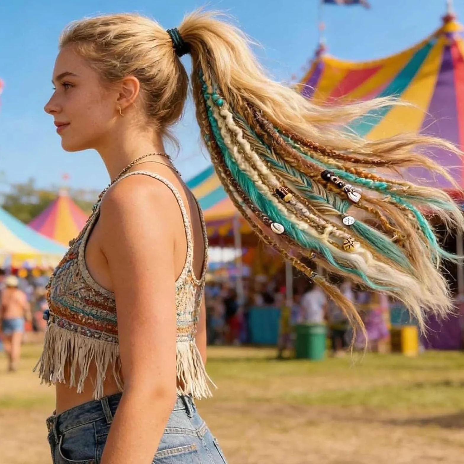 Queue de cheval élastique Salty, extension de cheveux dreadlocks bohème avec perles, coquillages et breloques. Fixation facile en 1 minute par clip. Idéale pour les festivals (A)