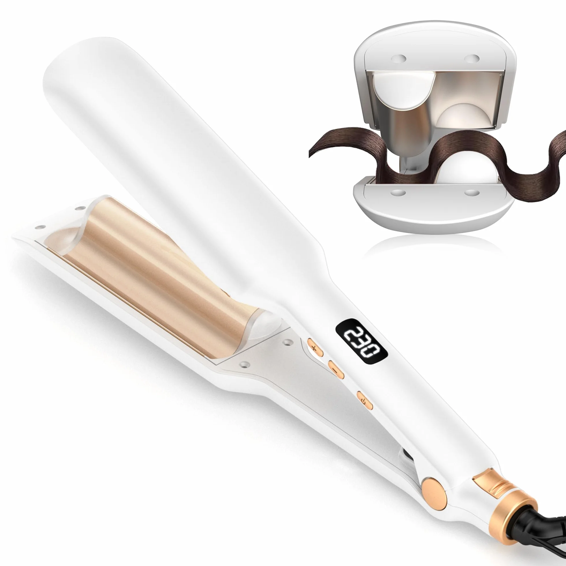 OKWRAP Boucleur a Cheveux, 32mm Fer a Gaufrer Les Cheveux Convient Aux Wavy Cheveux, Fer a Friser Boucler, Gaufrier Cheveux 12 Réglages de Température, Blanc Doré