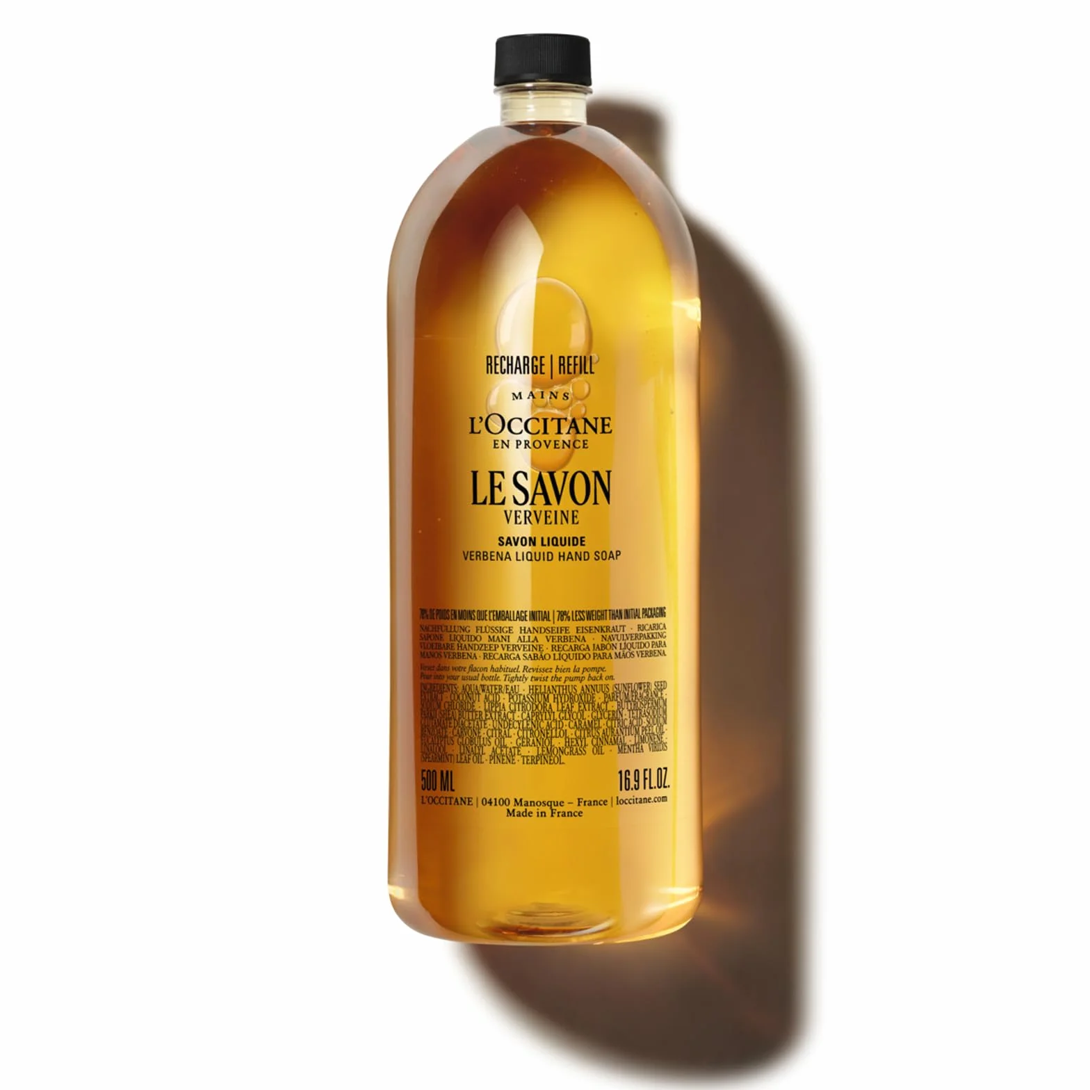L'OCCITANE - Recharge Savon Liquide Verveine - 500 ml | Tous types de peau - Nettoie en douceur - Notes acidulées et rafraîchissantes - Fabriqué en France