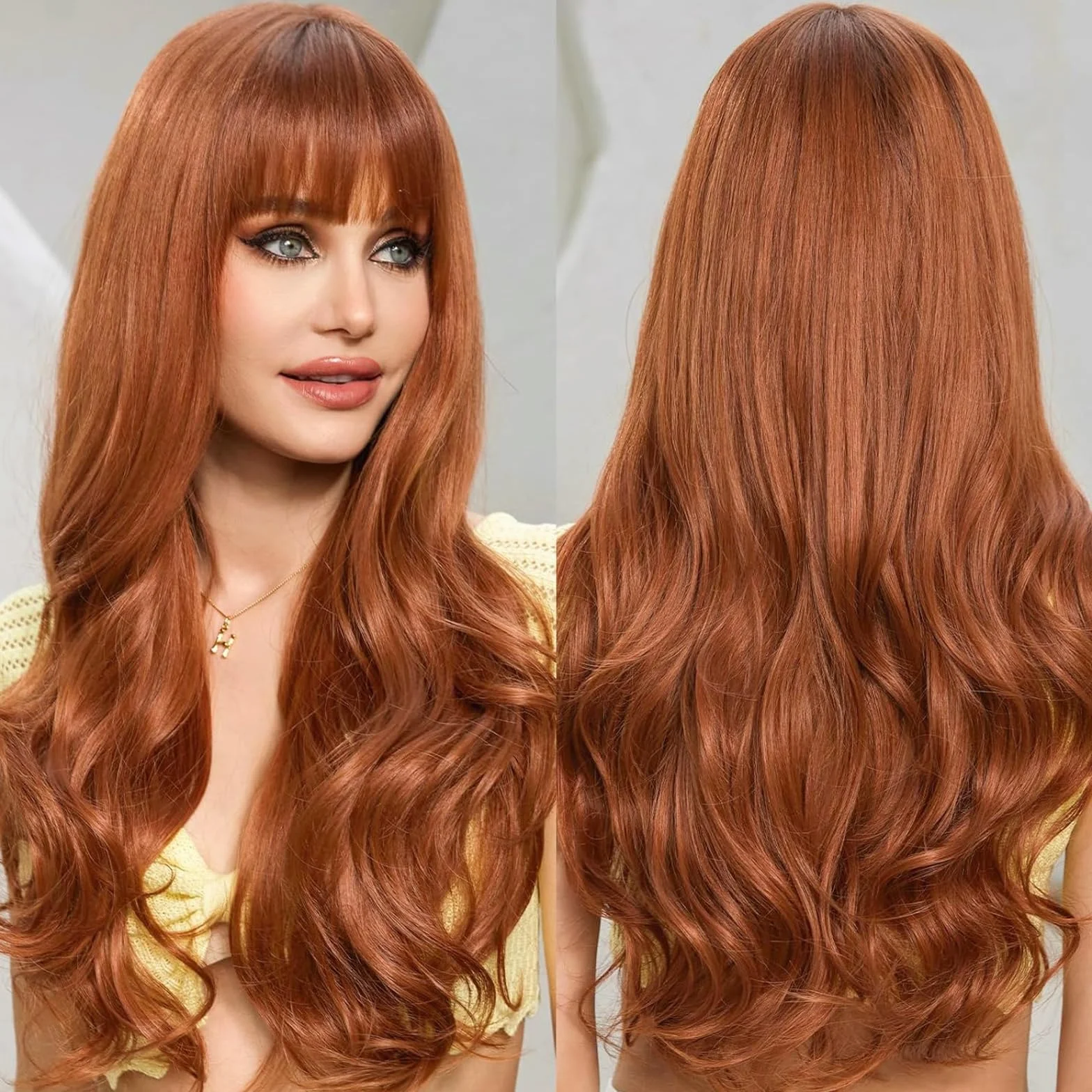 EMMOR Perruques Ombré Auburn pour Femmes Perruque Longue et Bouclée avec Frange en Fibres Synthétiques Résistantes à la Chaleur Perruques Quotidiennes d'Aspect Naturel