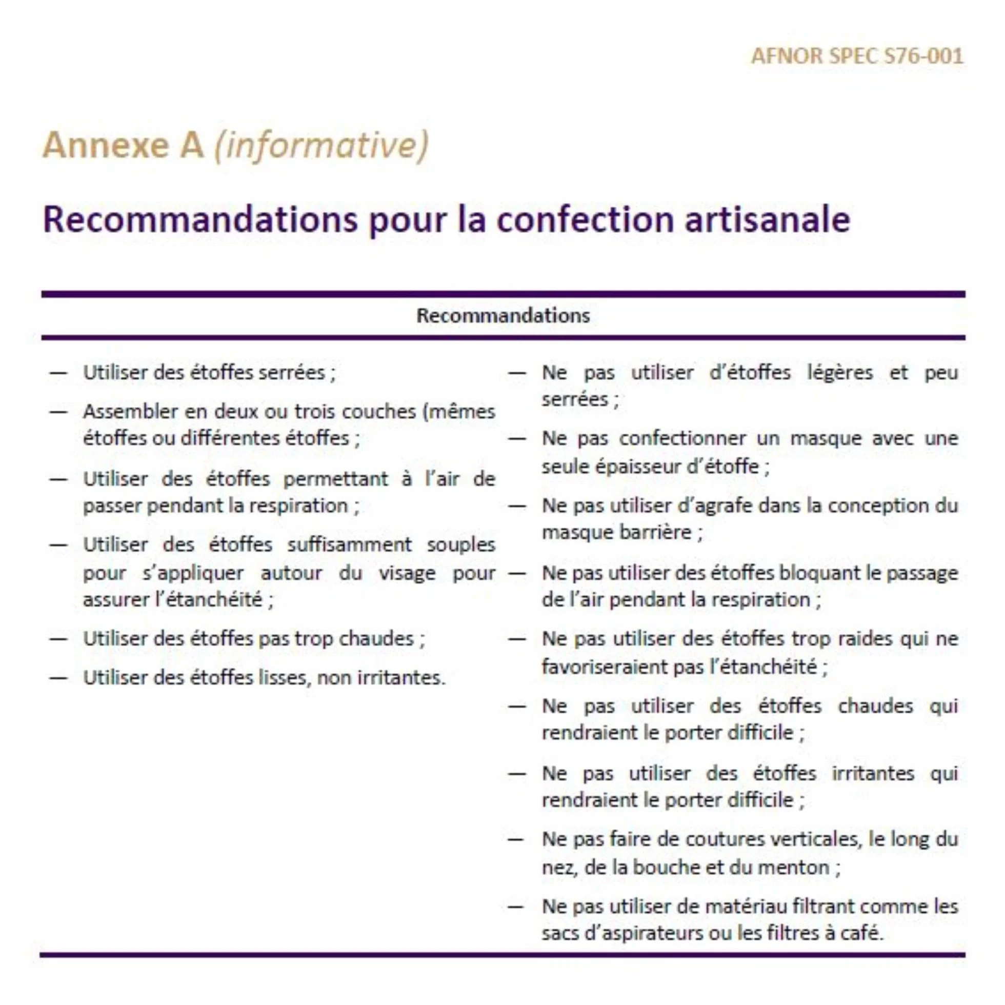Masque en tissu 100% Coton Lavable Fabriqué en France - Modèle AFNOR