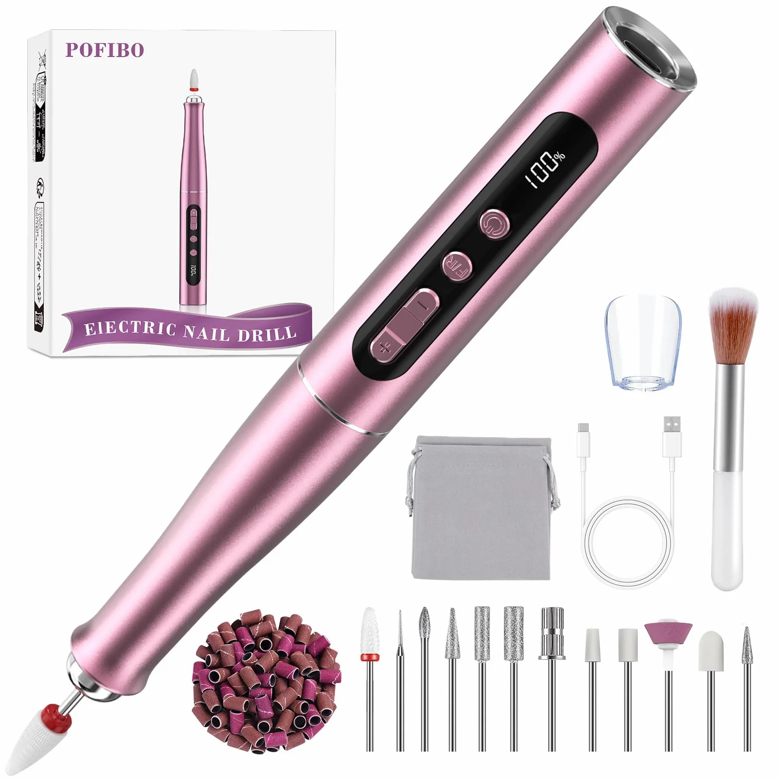 Ponceuse pour ongles électrique professionnelle 35000 tr/min sans fil – Lime à ongles électrique pour gel & acrylique, manucure & pédicure, écran LCD, USB-C, 12 embouts + 36 bandes