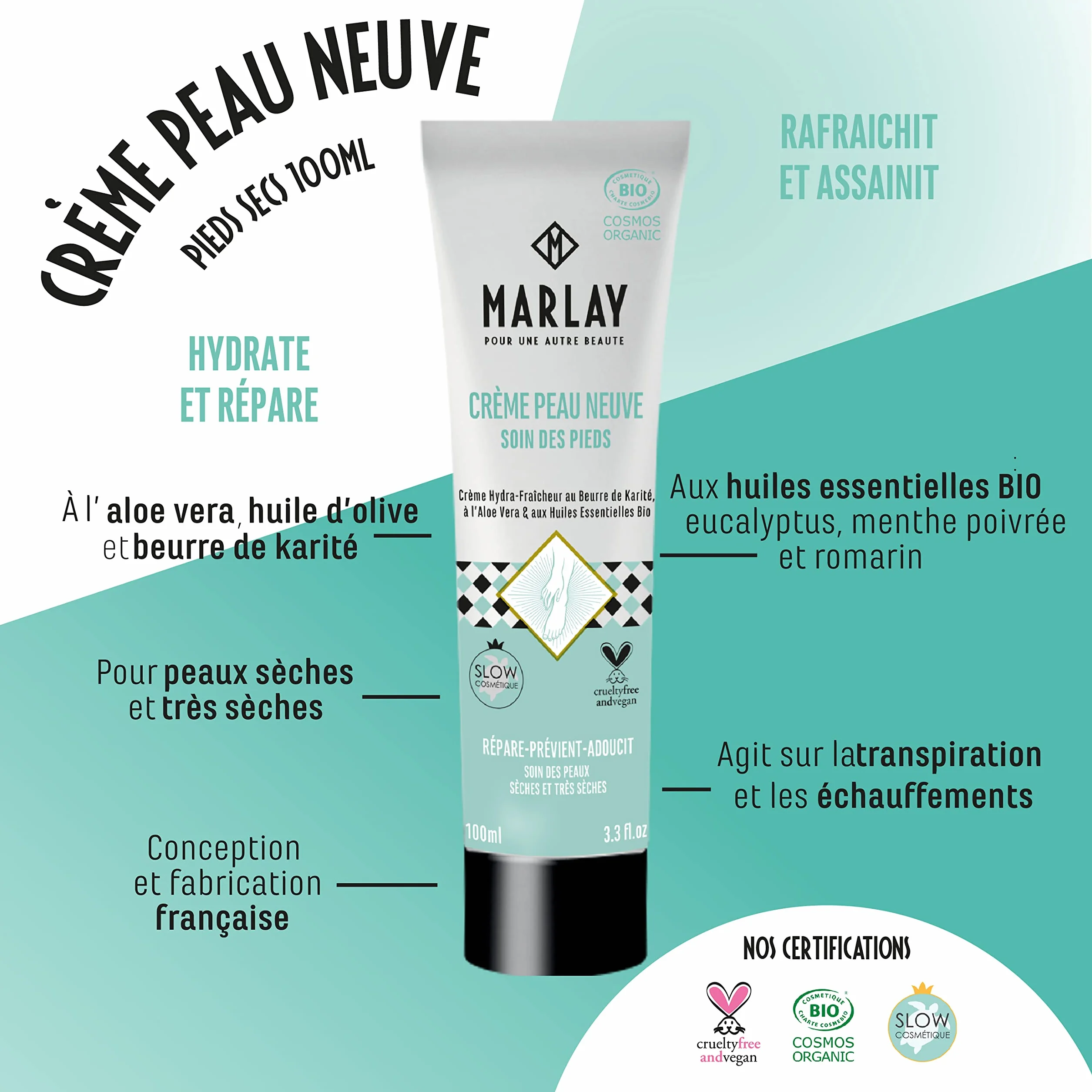 Marlay Cosmetics Crème Peau Neuve 100 ml Anti-transpirante Anti-échauffements 99% Origine Naturelle Fabriquée en France