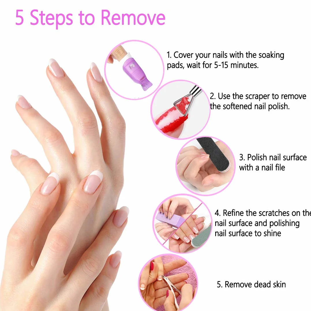 Kit Gel Dissolvant Vernis à Ongles, 10 Capuchons, Lime à Ongles, Poussoir Cuticules, Bloc Polissage