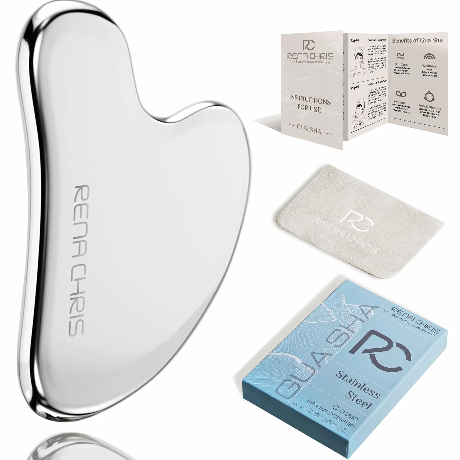 Rena Chris Gua Sha Visage Acier Inoxydable pour Sculpter la Ligne de la Mâchoire et Réduire les Poches