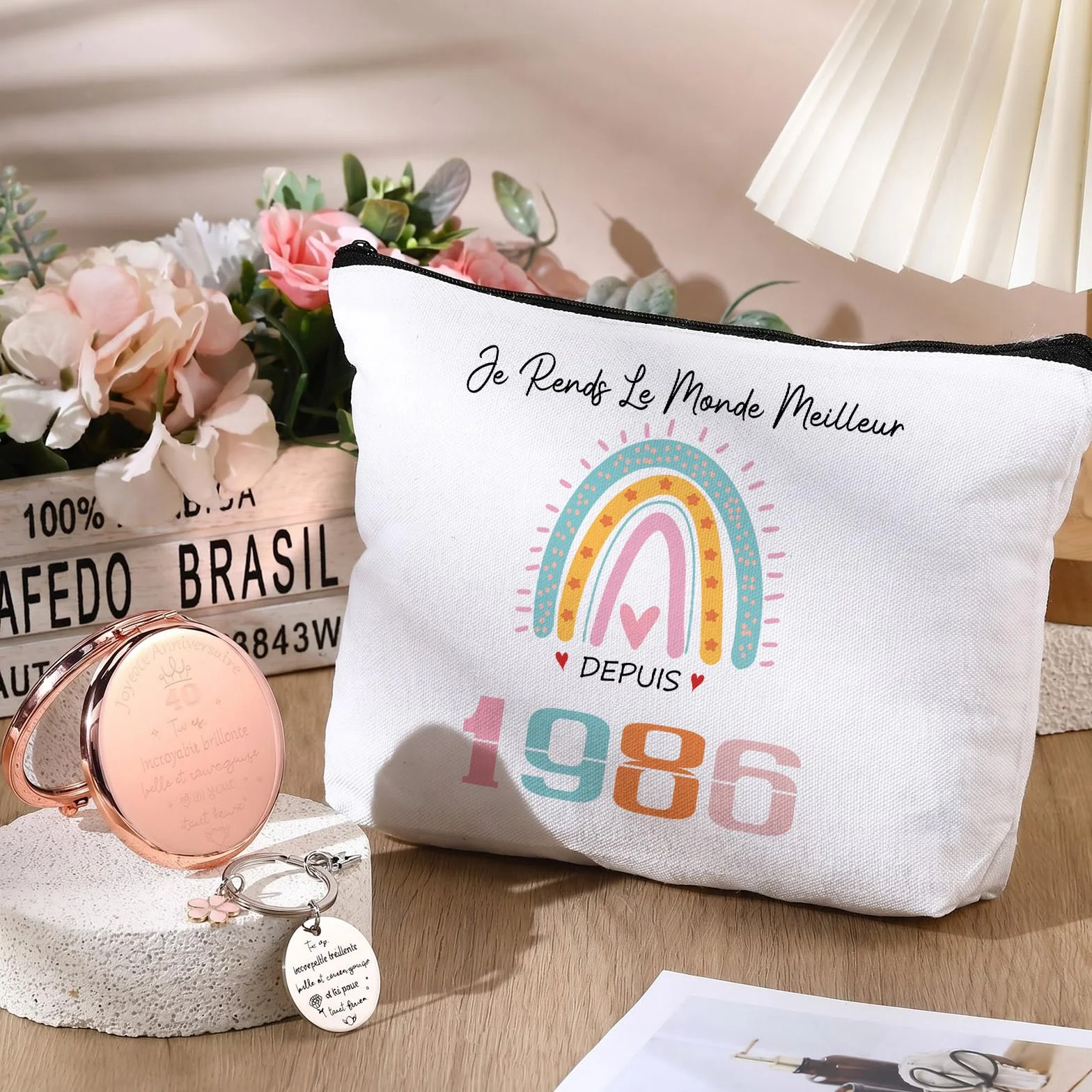 Xuniea 3 Pièces Trousse de Maquillage de Voyage Cadeaux d'Anniversaire 40 Ans pour Femmes 1986 Miroir de Poche Porte-Clés