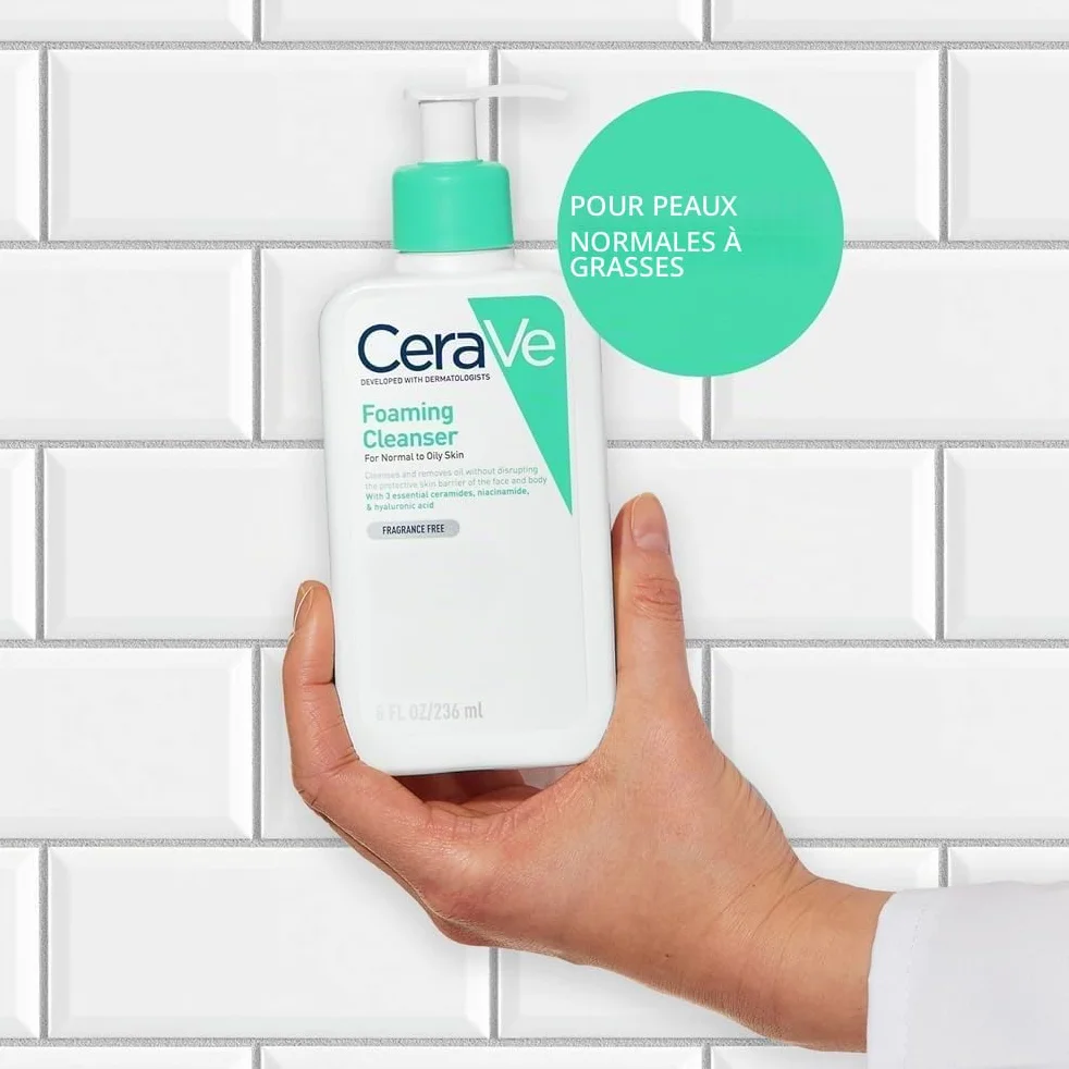 Cerave Lot de 2 nettoyants moussants – Avec acide hyaluronique, niacinamide et 3 céramides essentielles – Nettoyant quotidien pour le visage pour peaux normales à grasses 473 ml x 2