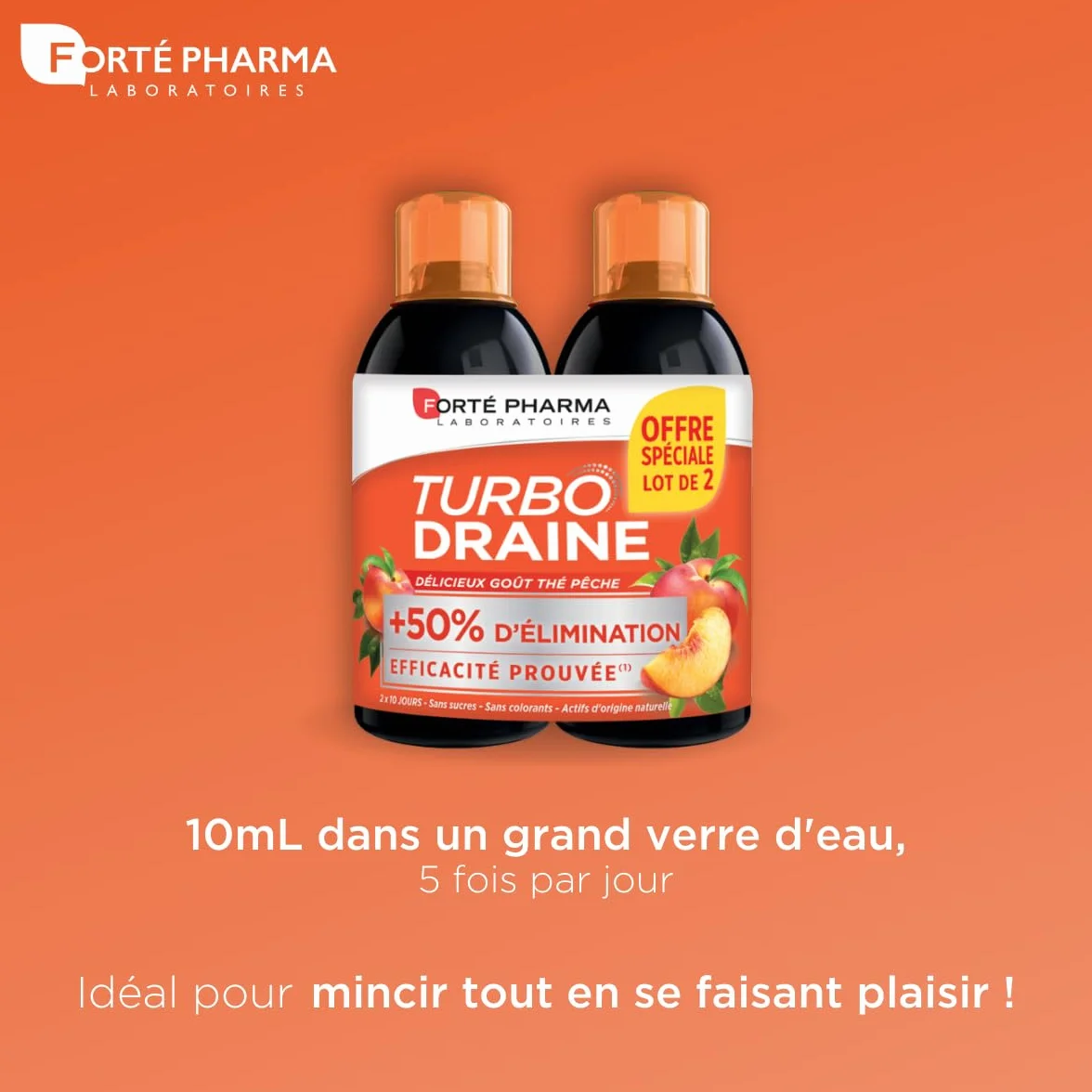 Forté Pharma Turbo Draine Peche Minceur perte de poids Thé vert Reine des prés Queue de cerise Drainage Brule graisse Lot 2x500 ml