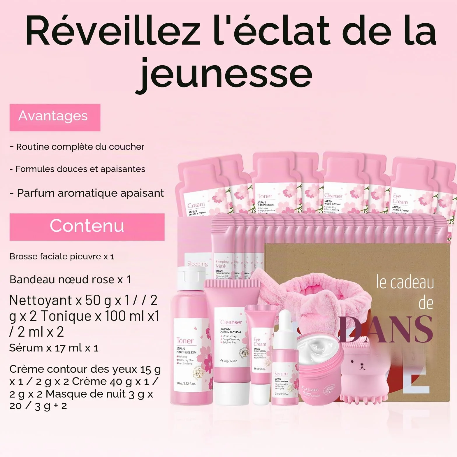 Sakura Kit de Soin du Visage Hydratant 13 pièces avec Nettoyage du Visage, Crème pour les Yeux, Sérum, Crème, Baume à Lèvres, Masque, pour les Soins de Jour et de Nuit