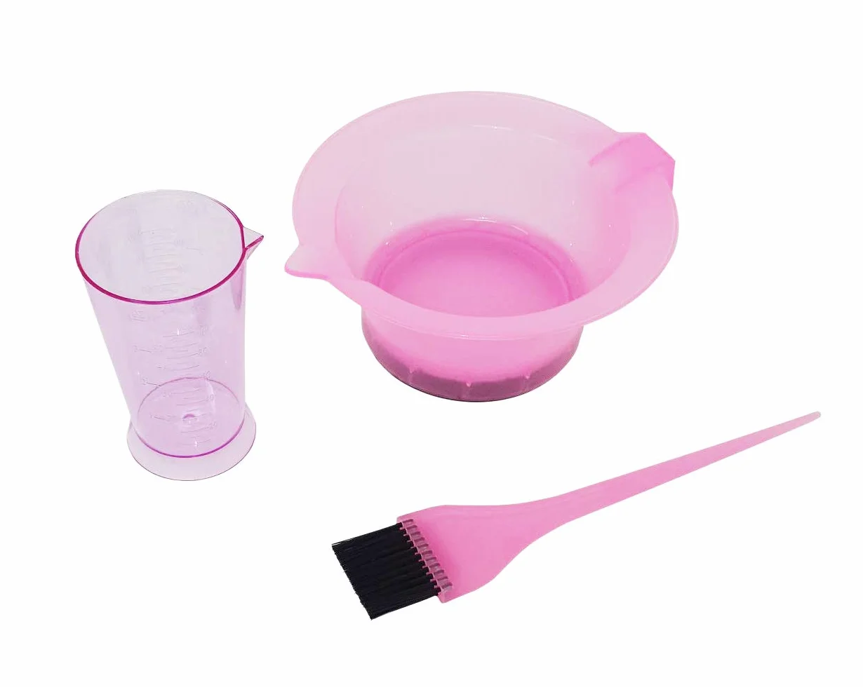 Lot de 3 accessoires de coiffeur professionnel avec bol à teinture, pinceau à teint, verre doseur Rose
