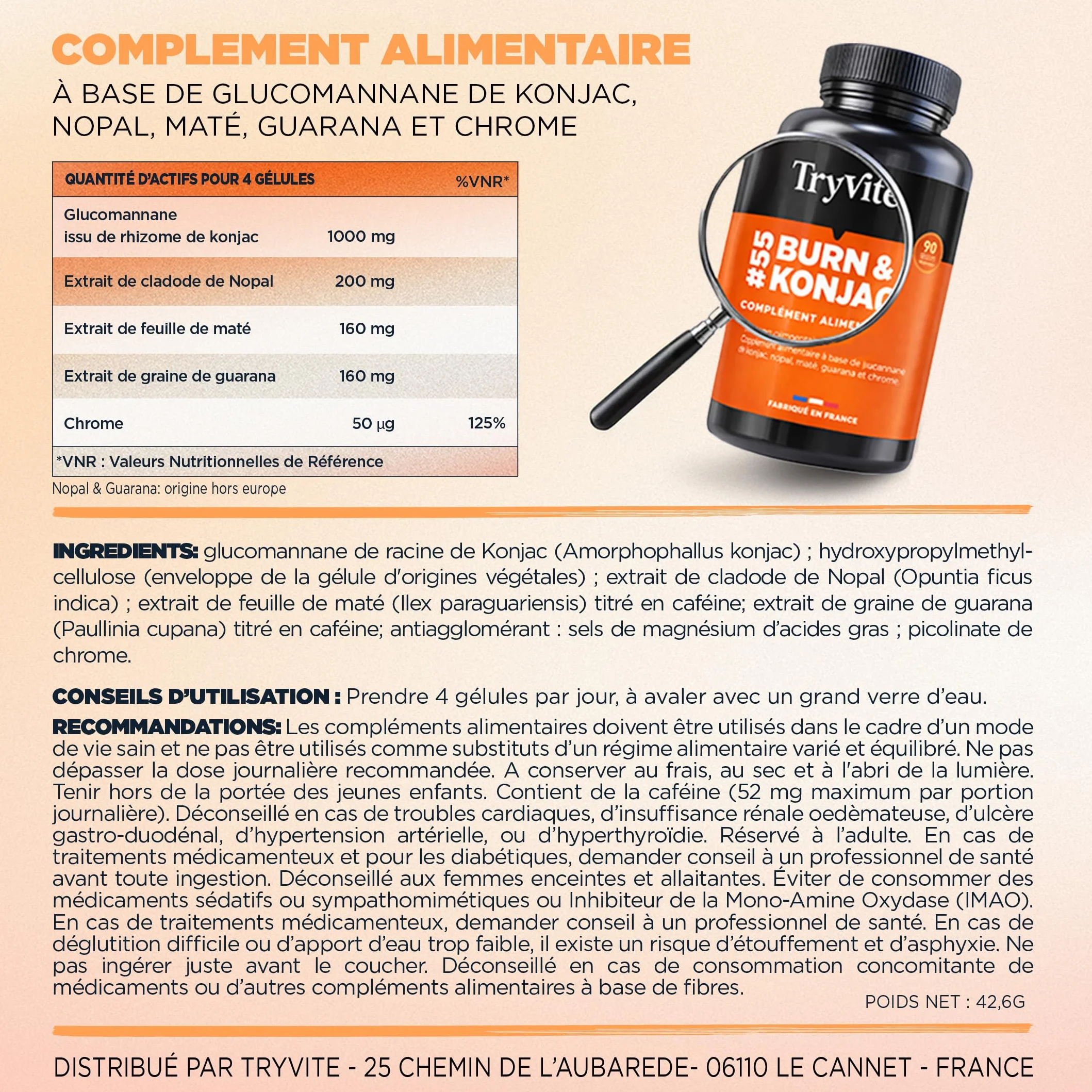TRYVITE Konjac Formule Silhouette Satiété Gestion des Portions 90 Gélules Végétales Fabriqué en France