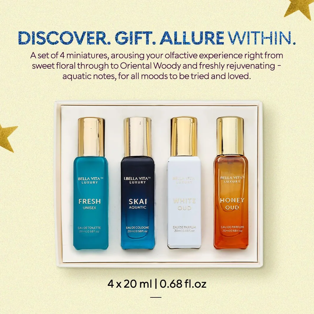 Bellavita Coffret cadeau unisexe de luxe avec miel oud, oud blanc, frais et skai | Senteurs aquatiques fruitées de vanille avec des notes de miel et de bergamote | 4 x 20 ml de parfum unisexe | Cadeau
