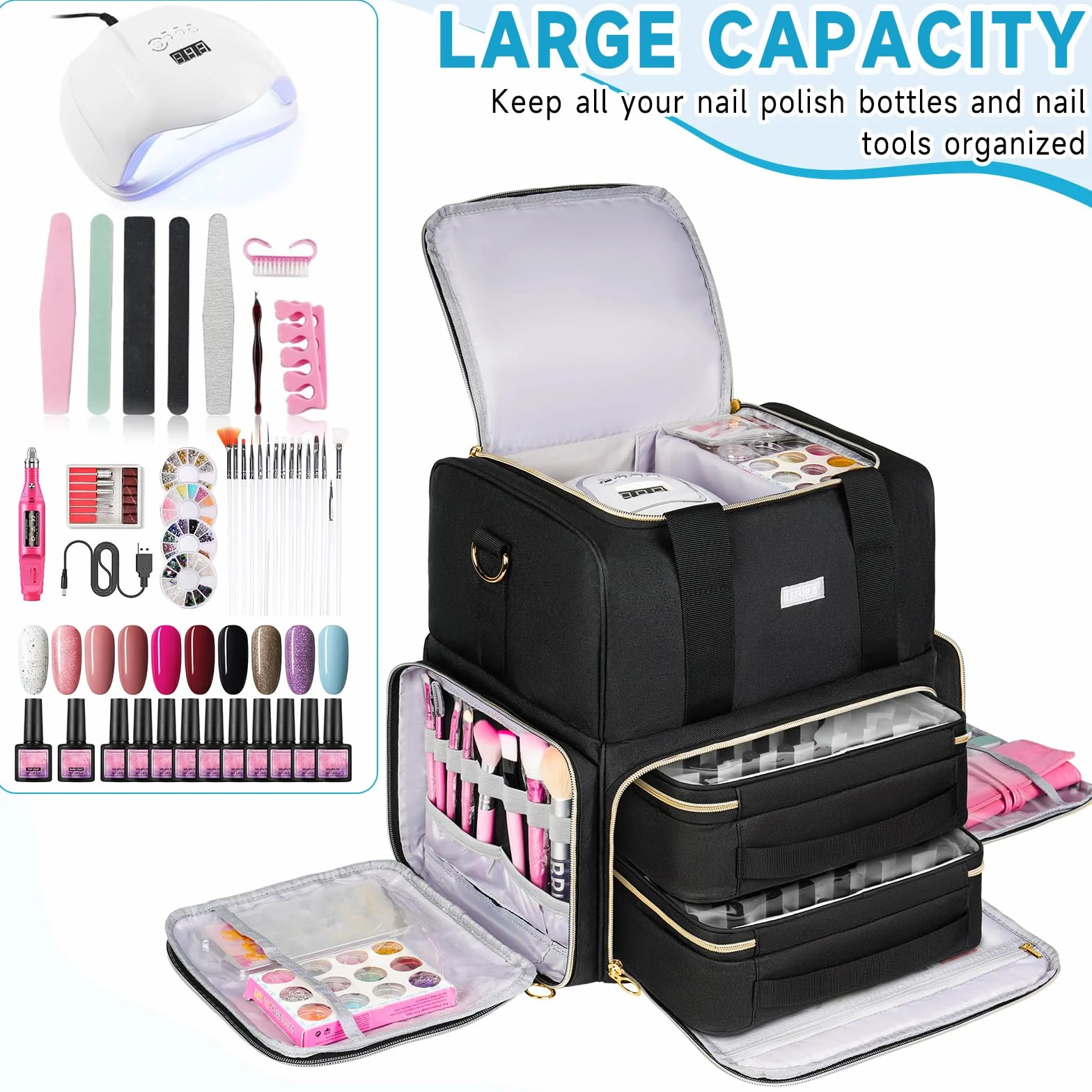 Organiseur de Vernis à Ongles Sac Rangement 80 Bouteilles 15 ML Lampe à Ongles Noir