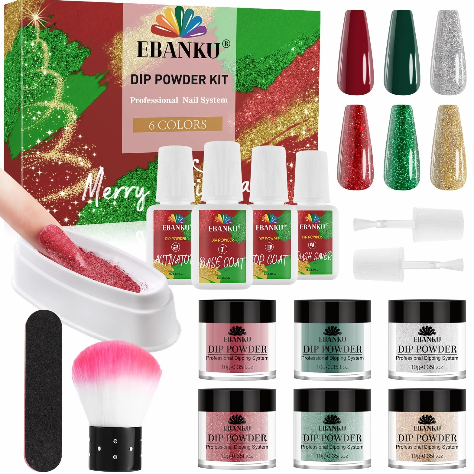 EBANKU Kit Poudre à Tremper Noël 15 pièces 6 couleurs avec Liquide Activateur Base/Couche Finition Brosse Manucure