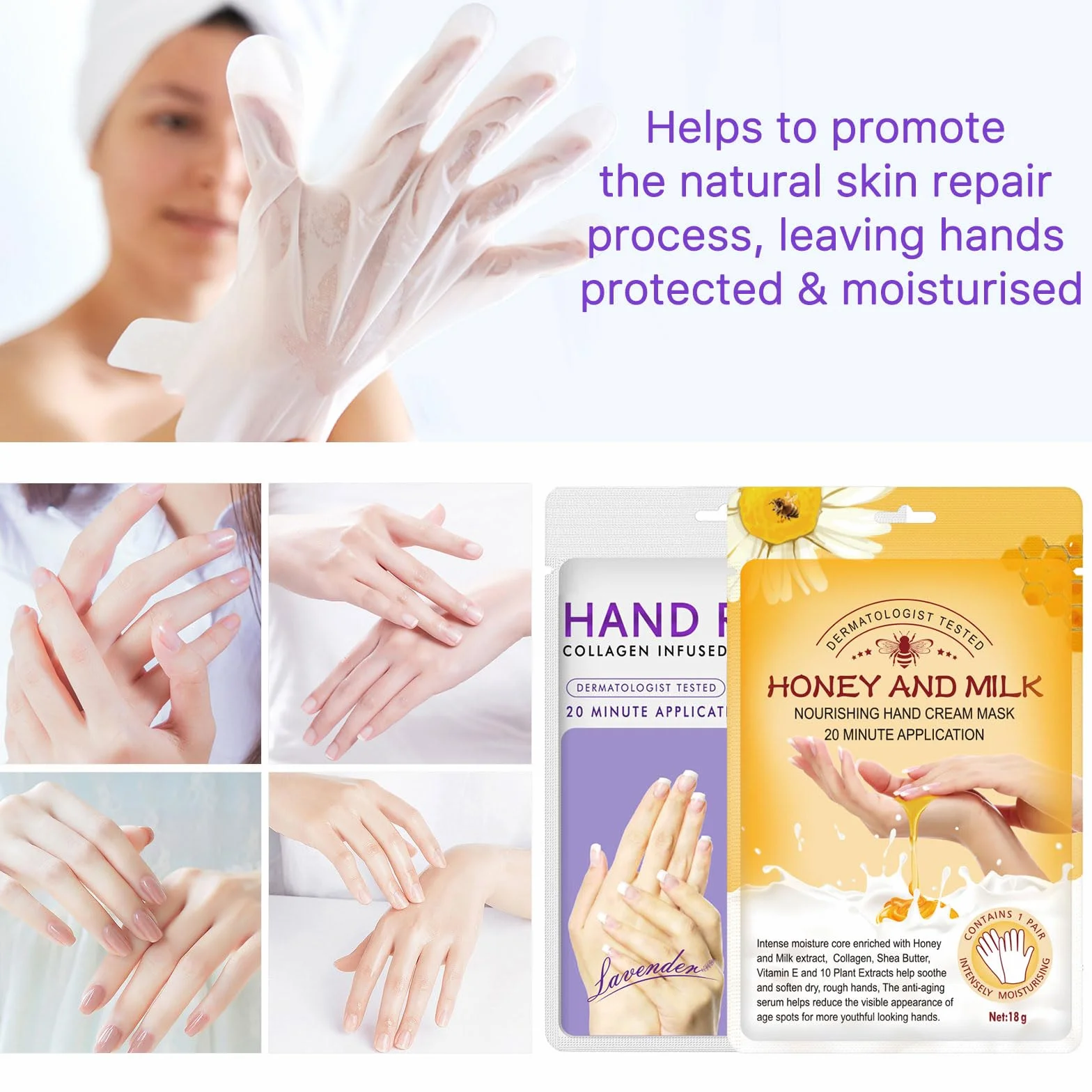 Gants de Masque Hydratants Exfoliants au Miel avec Collagène, Anti-âge, Réparation de Peau Rugueuse (Lavande et miel)