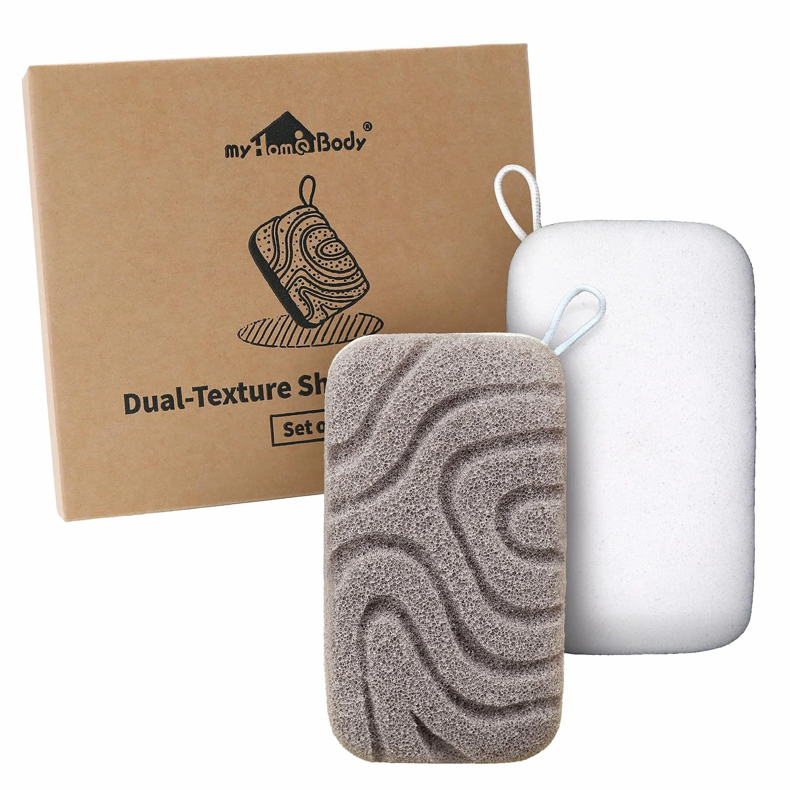 myHomeBody Éponge de douche exfoliante à double texture, Éponge de bain pour femme, Exfoliant pour le corps, Loofahs pour le corps, luffa pour homme, 2 pièces