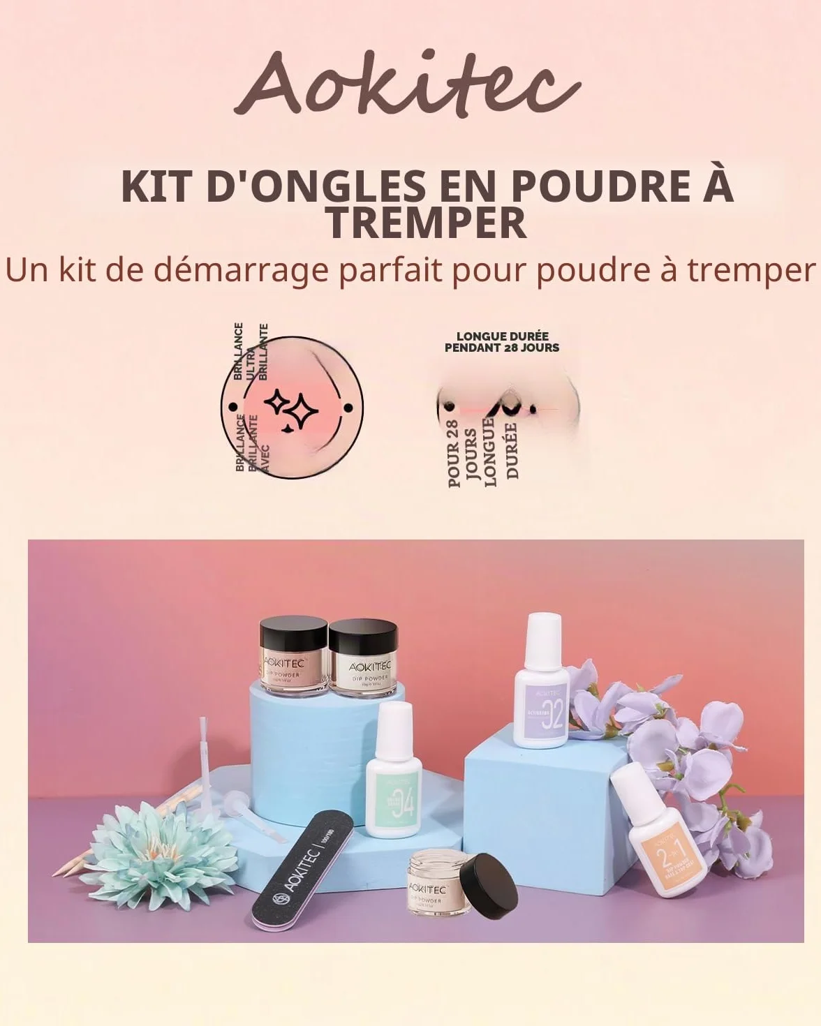 Aokitec Kit de trempage pour ongles 12 poudres 3 couleurs rose clair nude rose pâle avec 3 liquides acrylique nail art