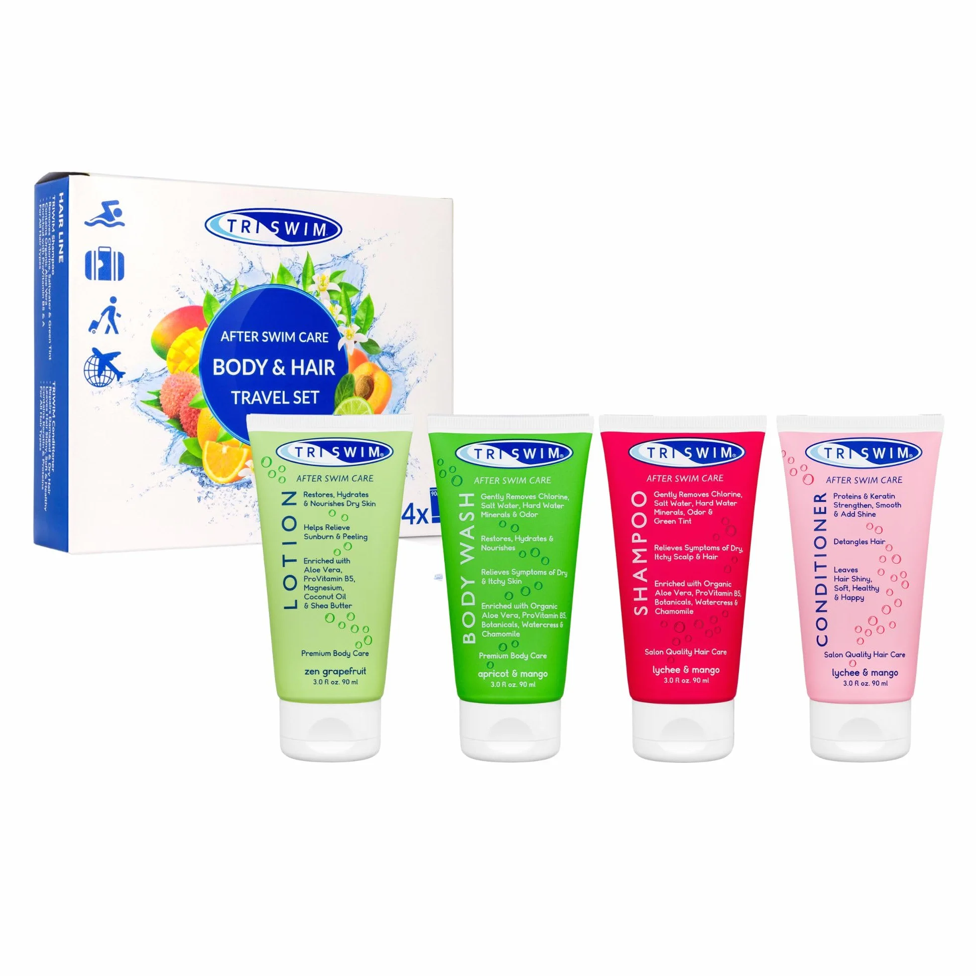 TRISWIM - Ensemble de Voyage Anti-chlore Pour Nageurs, Gel Douche Femme et les Hommes, Shampoing Hydratant, Lait Corps Hydratant, Apres Shampoing Neutralisant le Chlore (4x90ml)