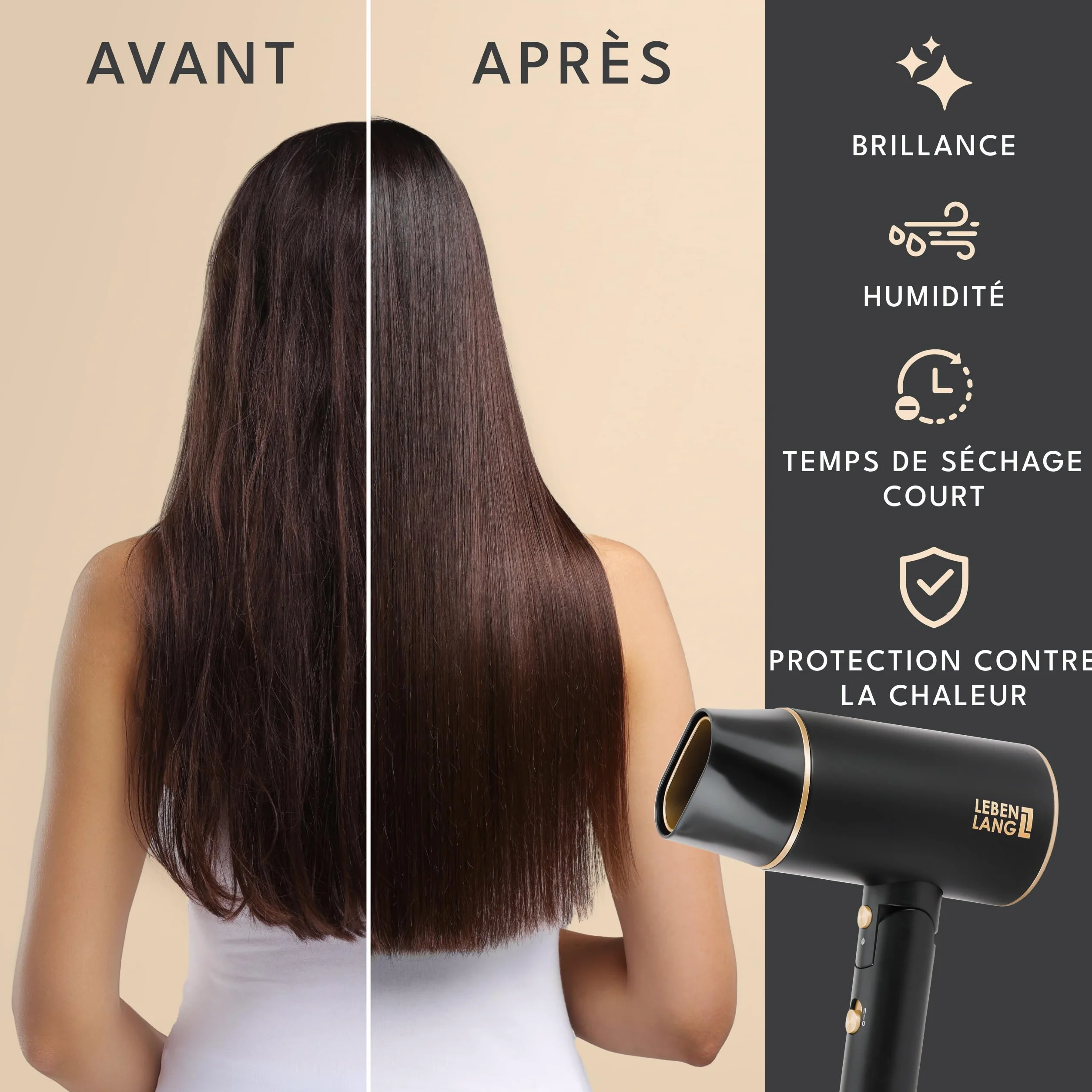 LEBENLANG Petit Sèche-cheveux Ion 2100W - Anti-Spliss avec le mode Air Froid, pliable - Accessoires de Voyage (Noir)
